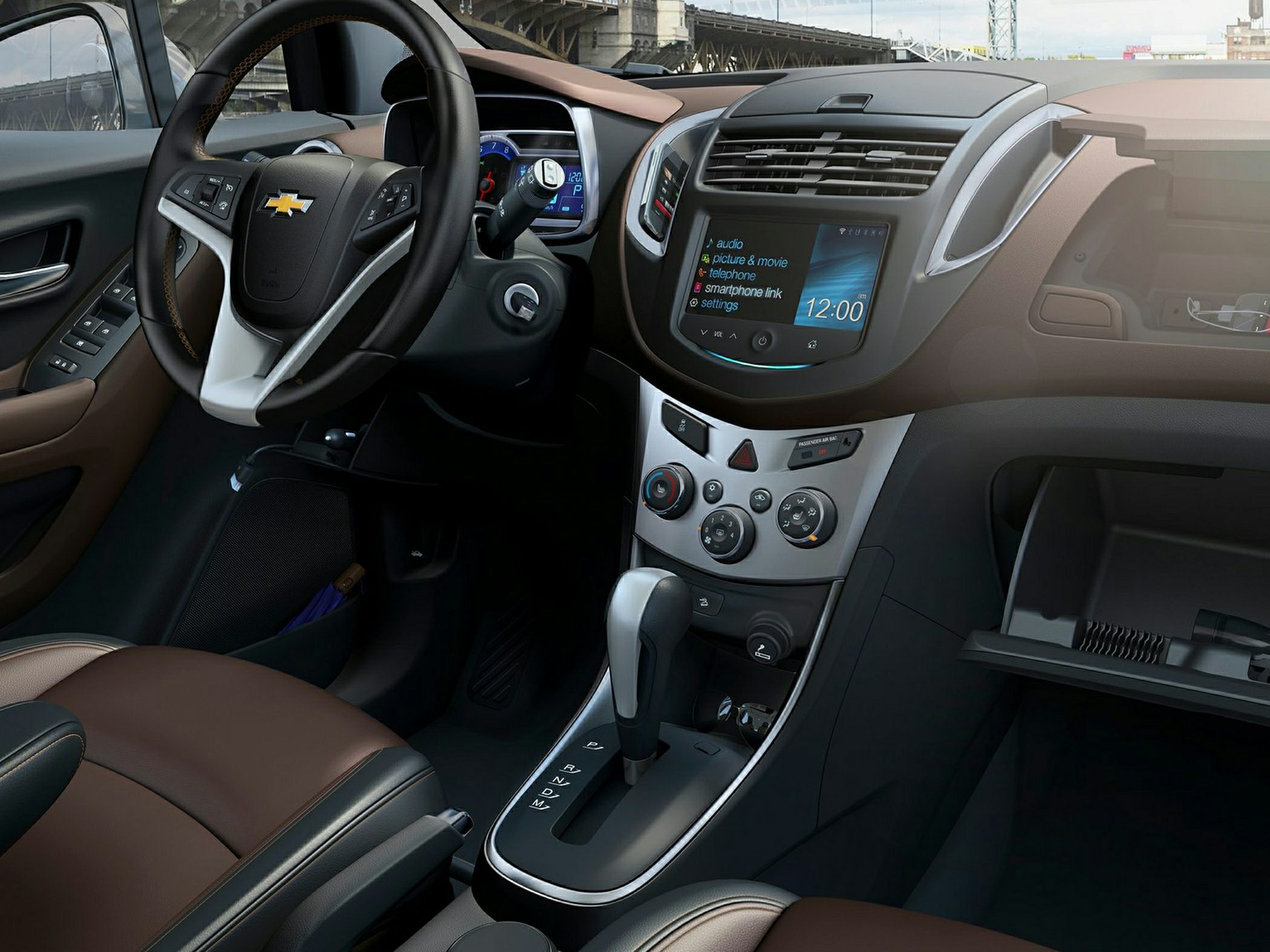 Steering wheel, touchscreen, gear selector in vehicle interior