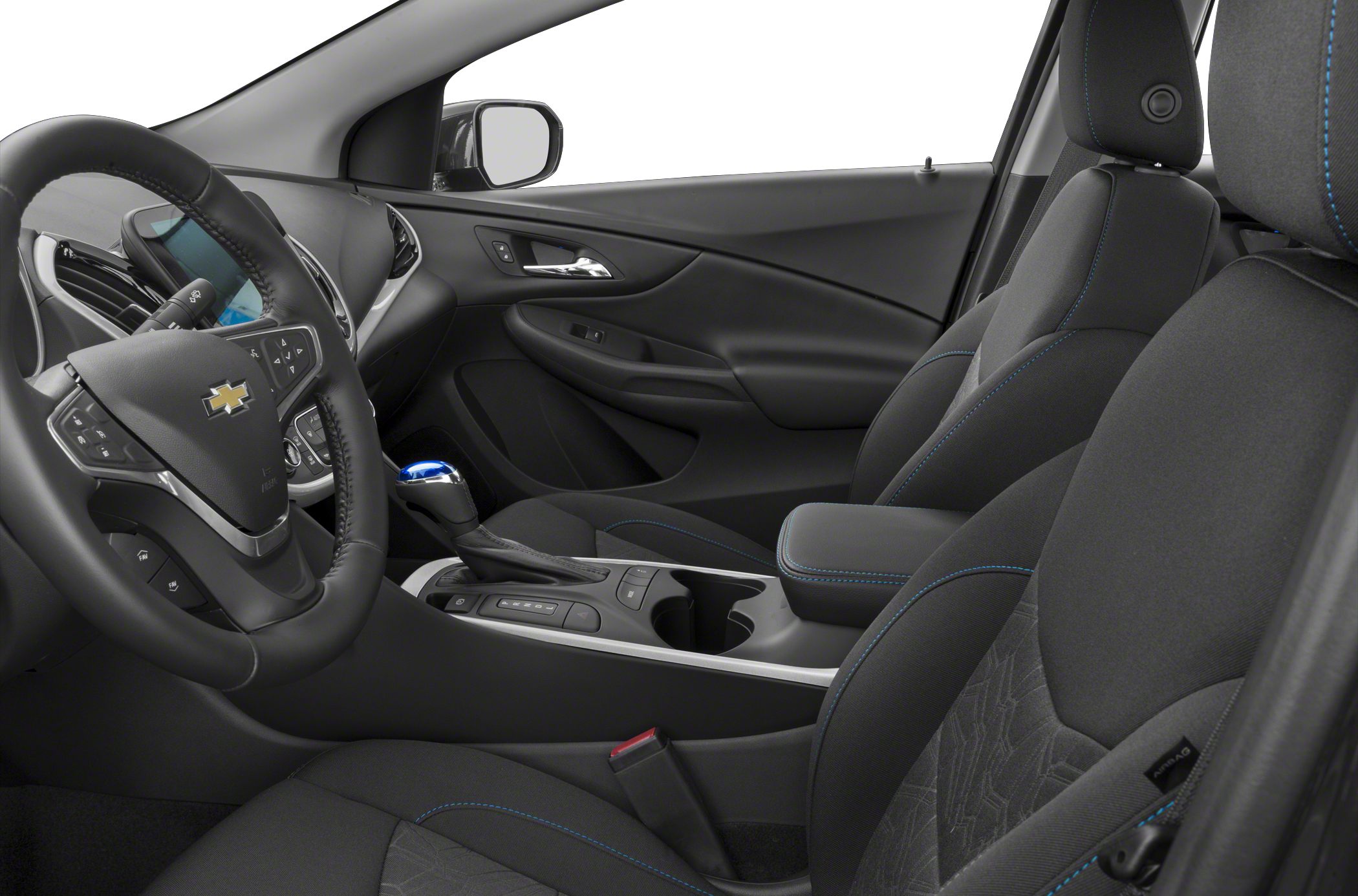 Steering wheel, gear shift, front seats with blue stitching