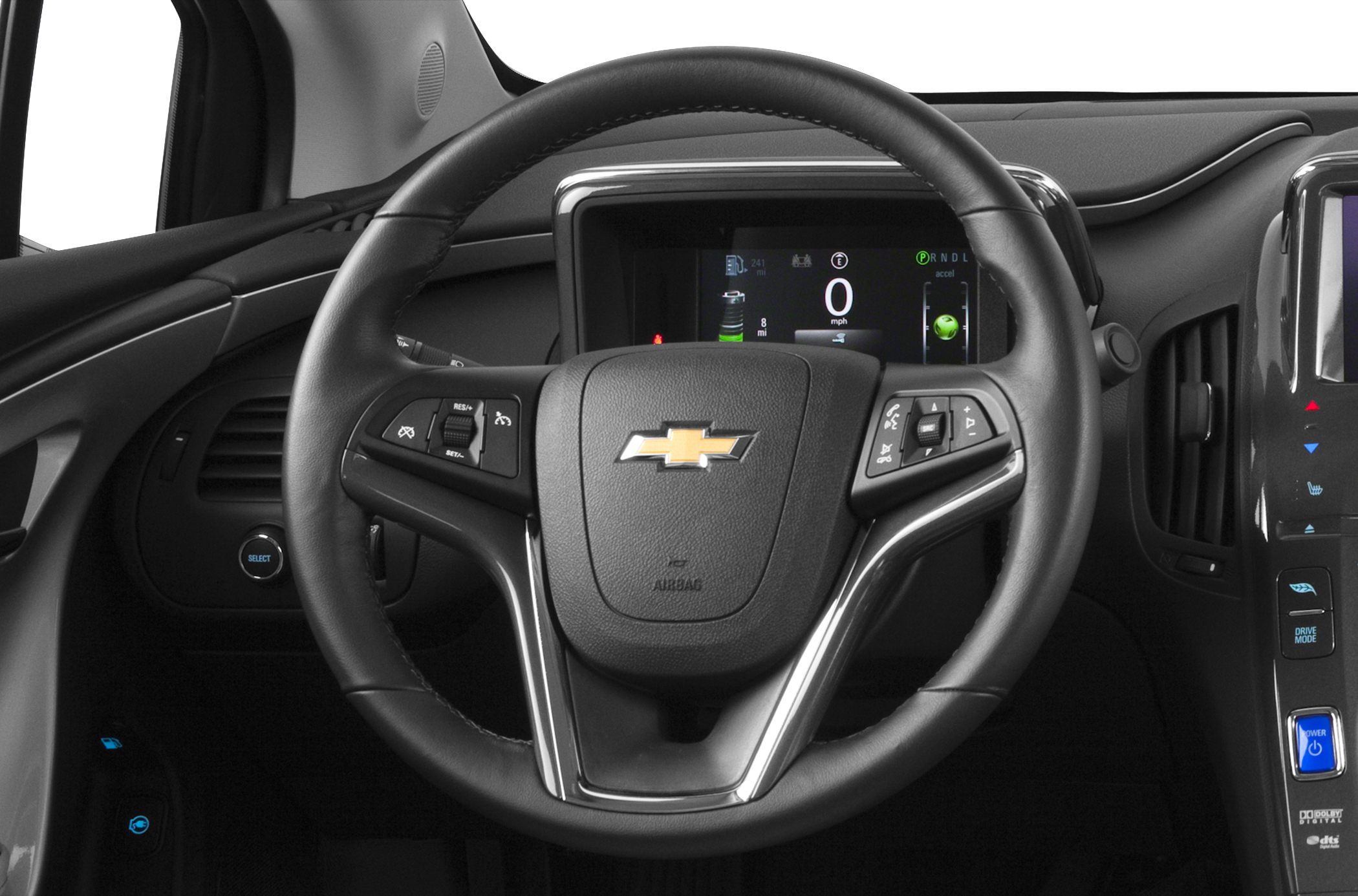Steering wheel with control buttons and a digital dashboard display.