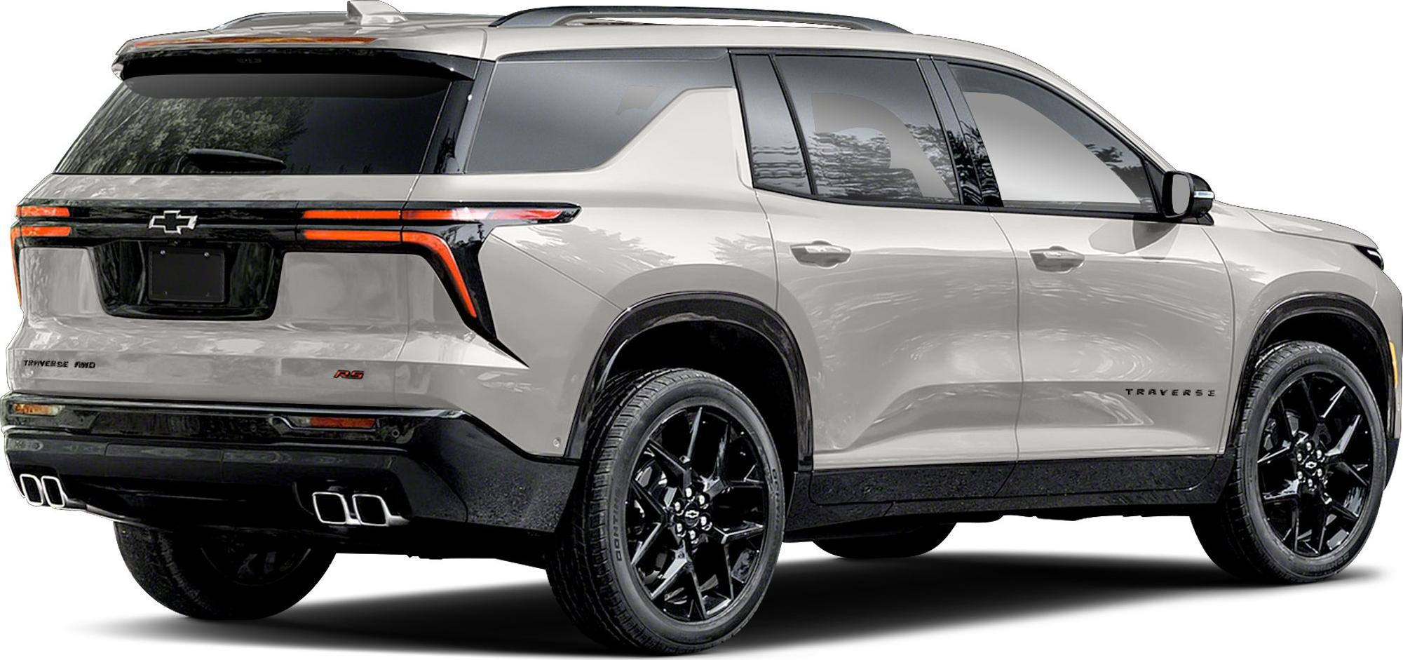 Rear and side view of SUV with black rims and quad exhaust