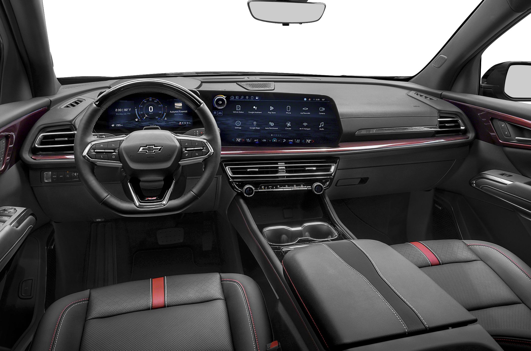 Digital instrument cluster and large touchscreen infotainment with multifunction steering wheel.