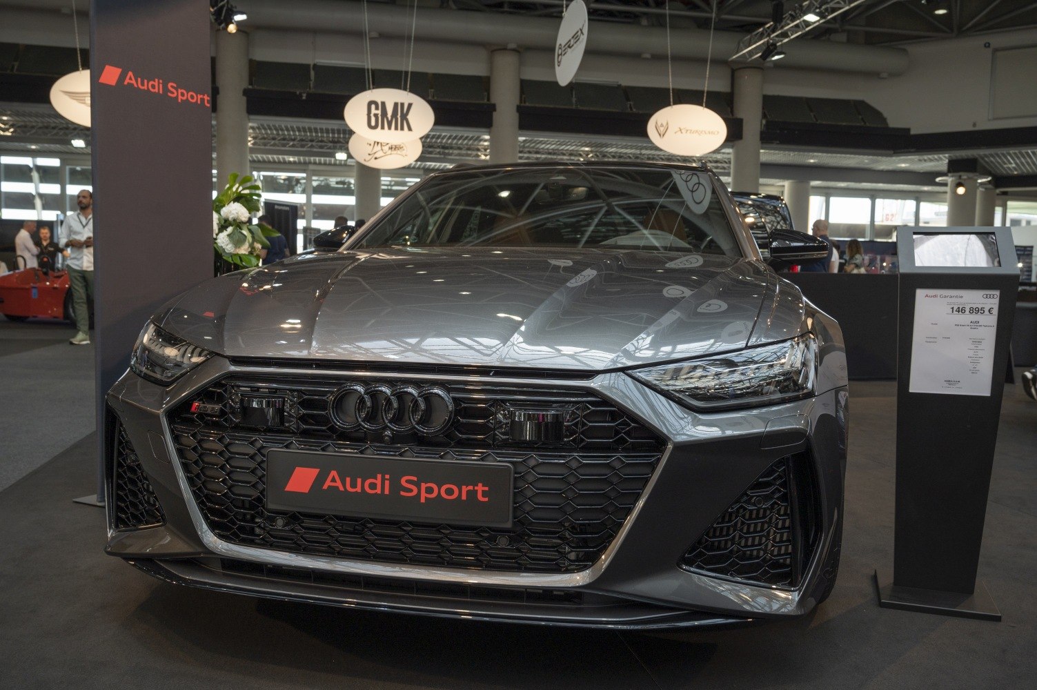 Close-up of front grille and LED headlights with Audi logo