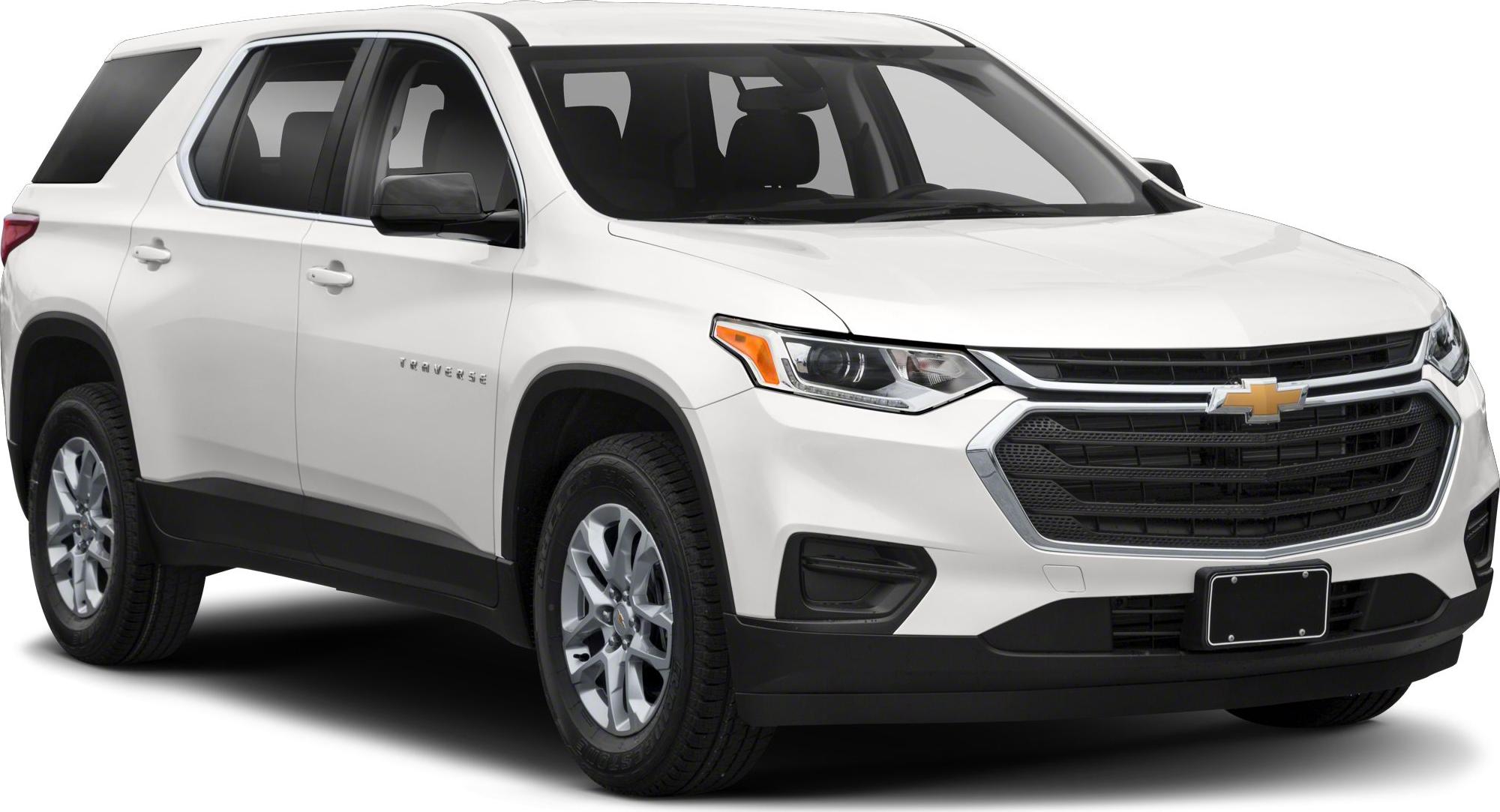 Front side view of white mid-size SUV, prominent grille and headlights