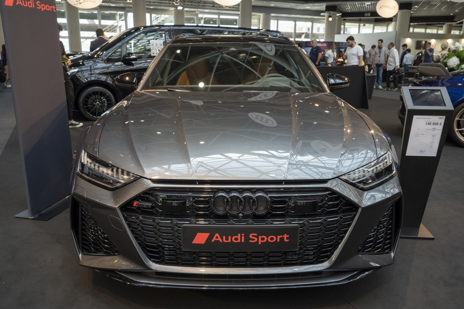 Aggressive front grille and LED headlights of a sports wagon.