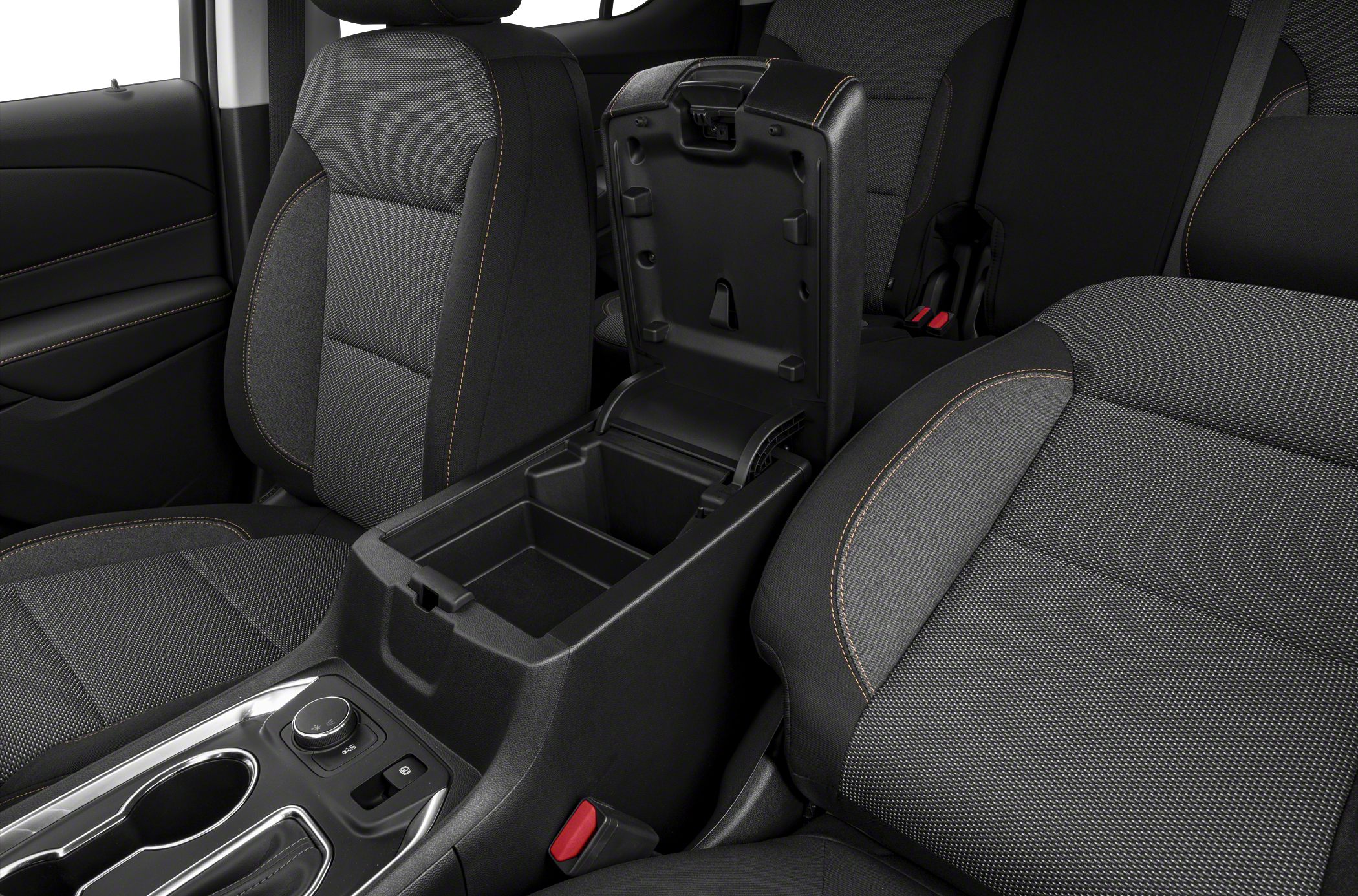 Front seats and open center console storage with fabric upholstery and detailed stitching