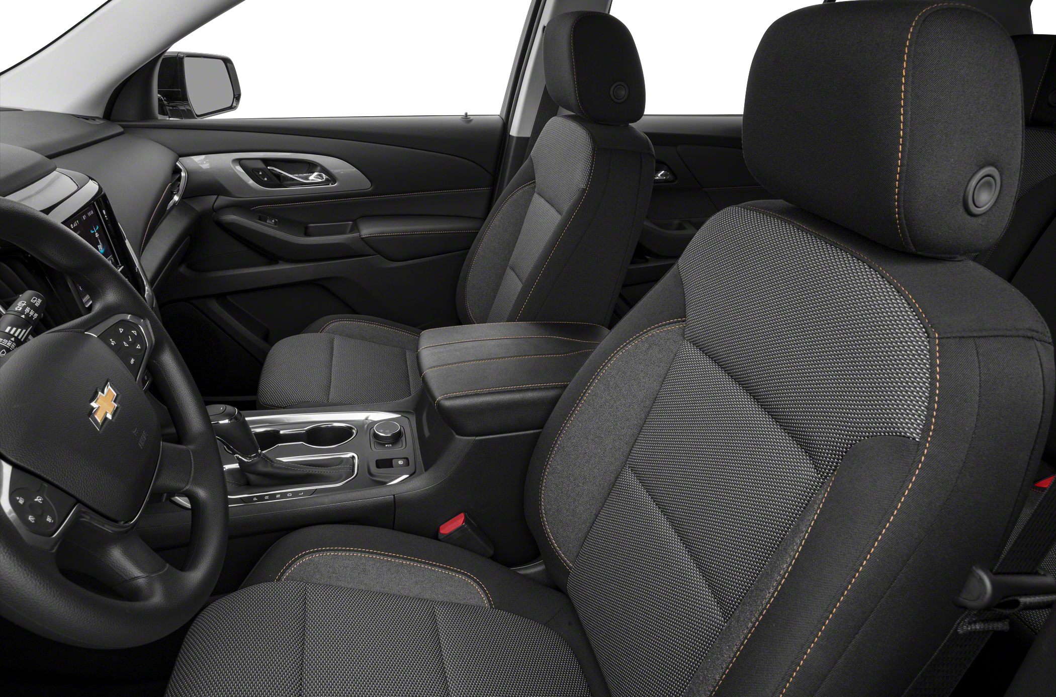 Front cabin interior with ergonomic seats and center console