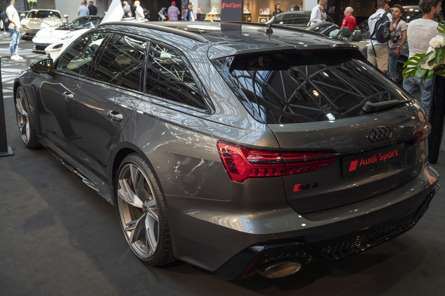 Rear and side view of a sporty performance wagon with distinctive taillights and large alloy wheels