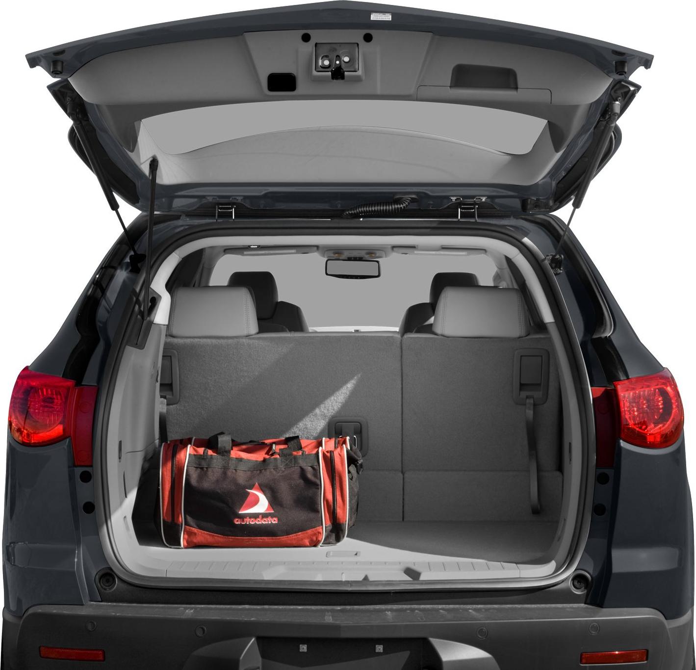 Spacious rear cargo area with hatchback open and duffle bag inside