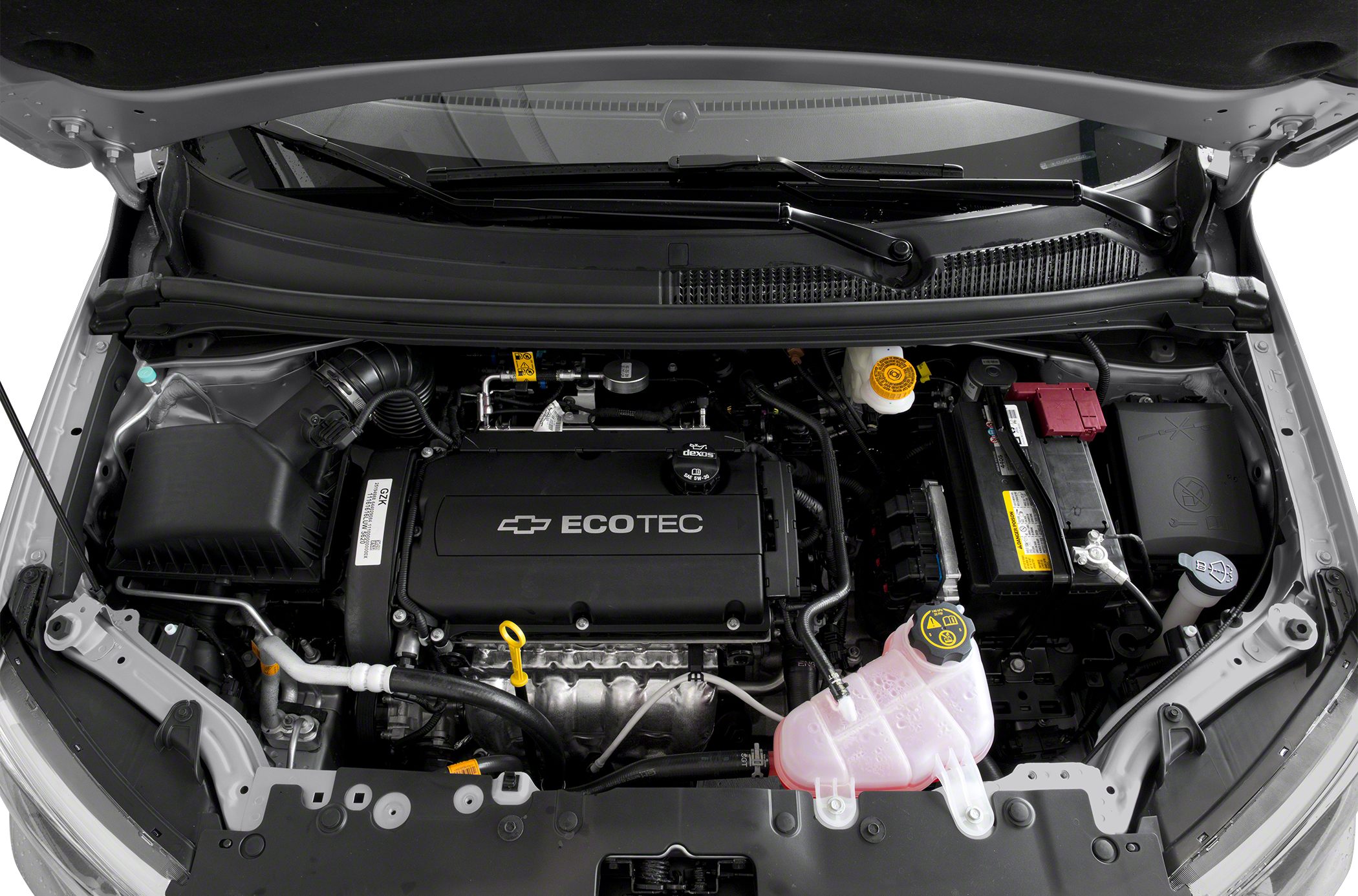 Close-up of ECOTEC engine bay with fluid reservoirs and battery