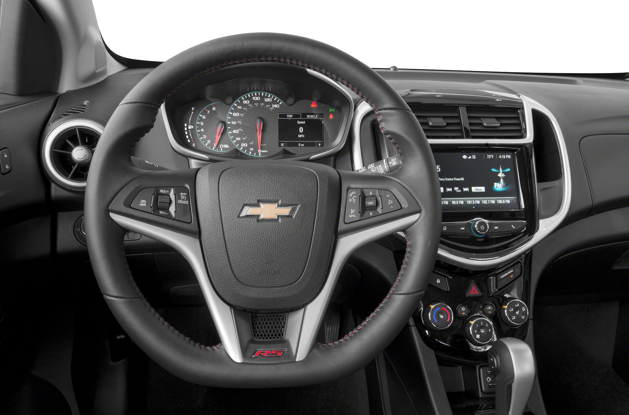 Steering wheel with controls and dashboard with instrument cluster and infotainment display