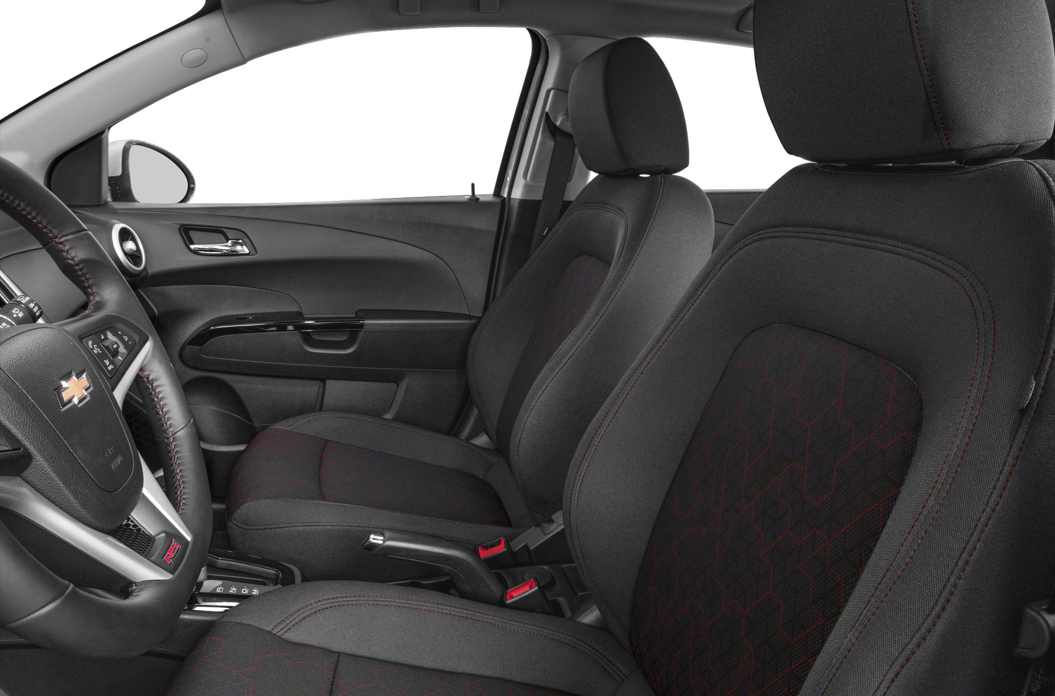 Front fabric seats and door panel with red stitching in car interior
