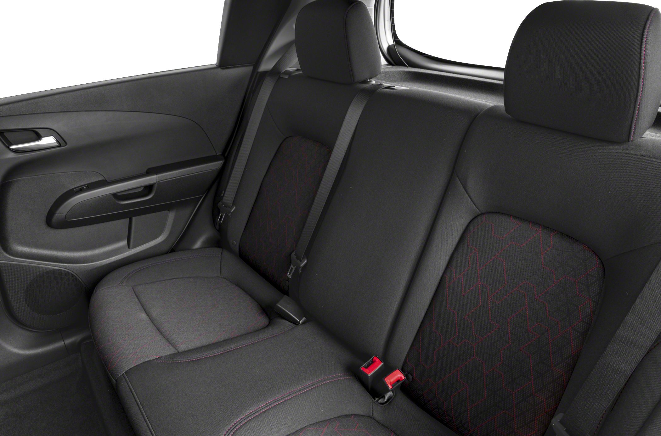Rear seat upholstery and layout with seat belts in hatchback car