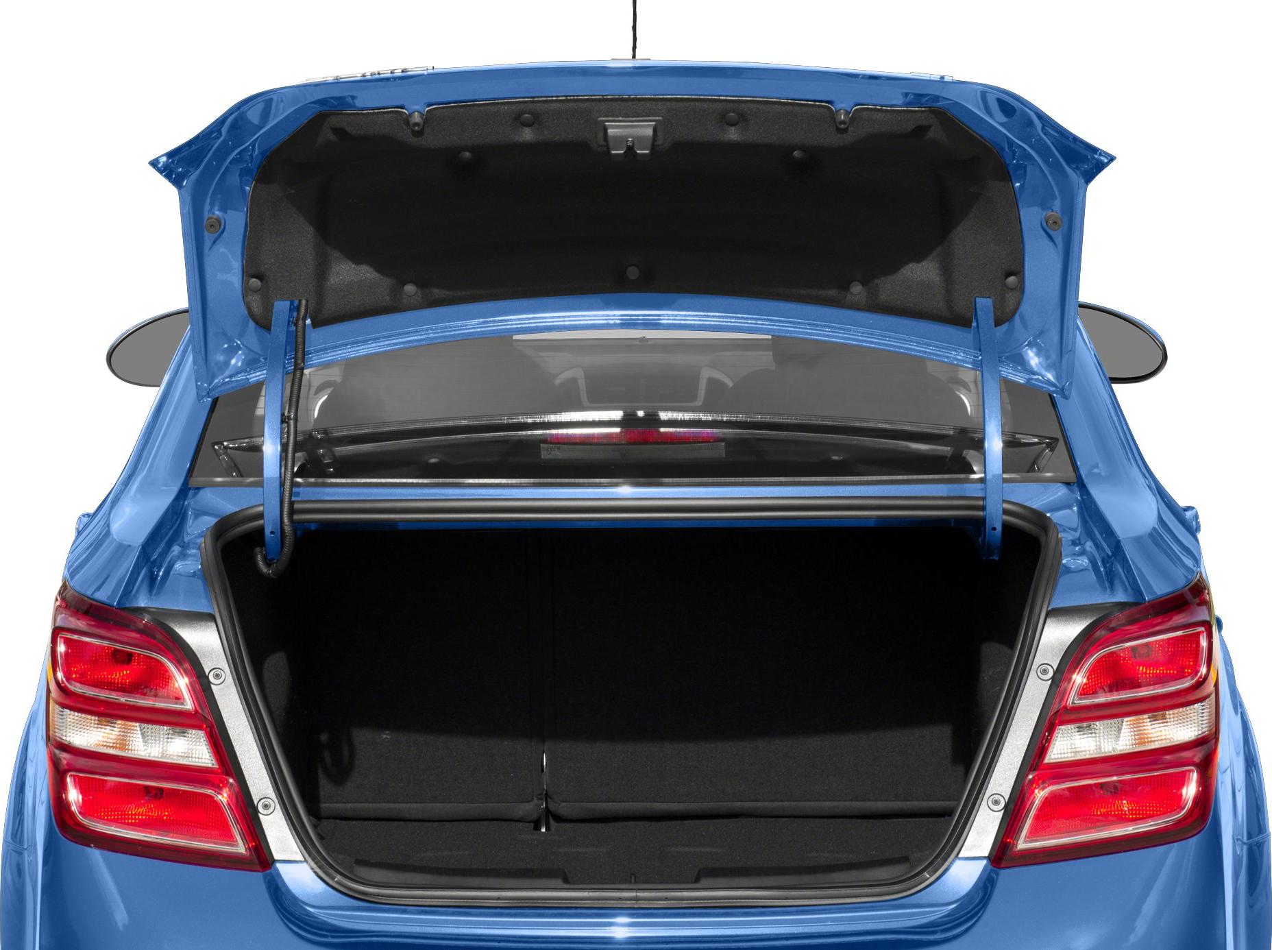 Open rear trunk with visible taillights of a blue sedan