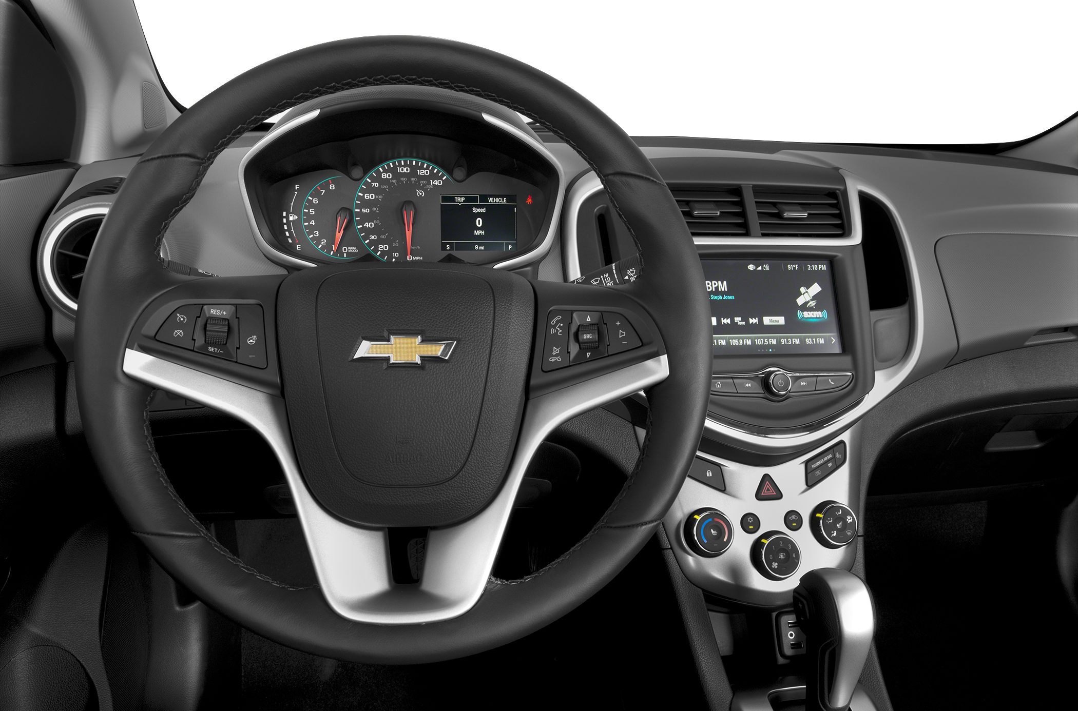 Dashboard and steering wheel with infotainment and control buttons