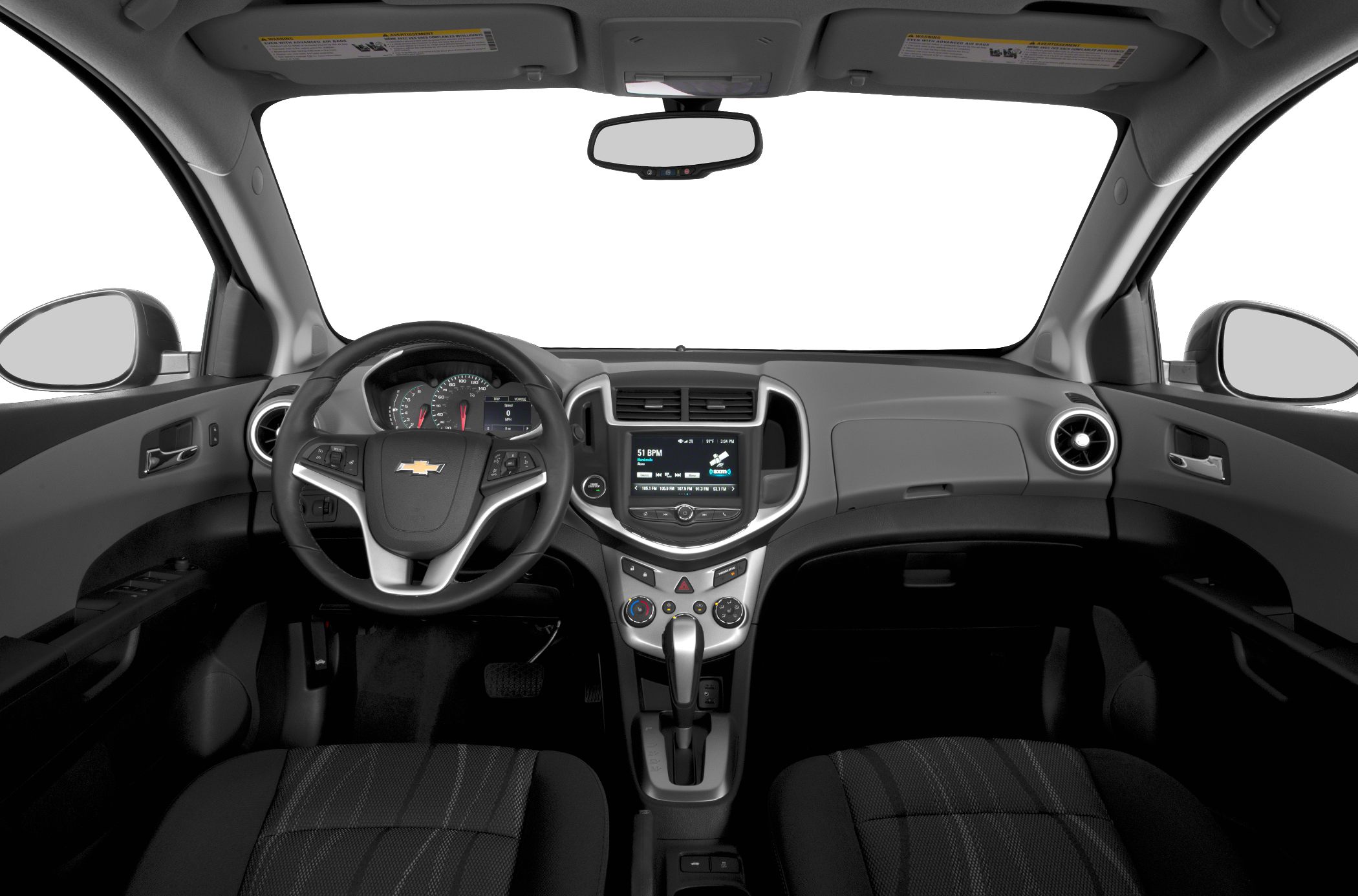Dashboard, steering wheel with control buttons, and center console with touchscreen display