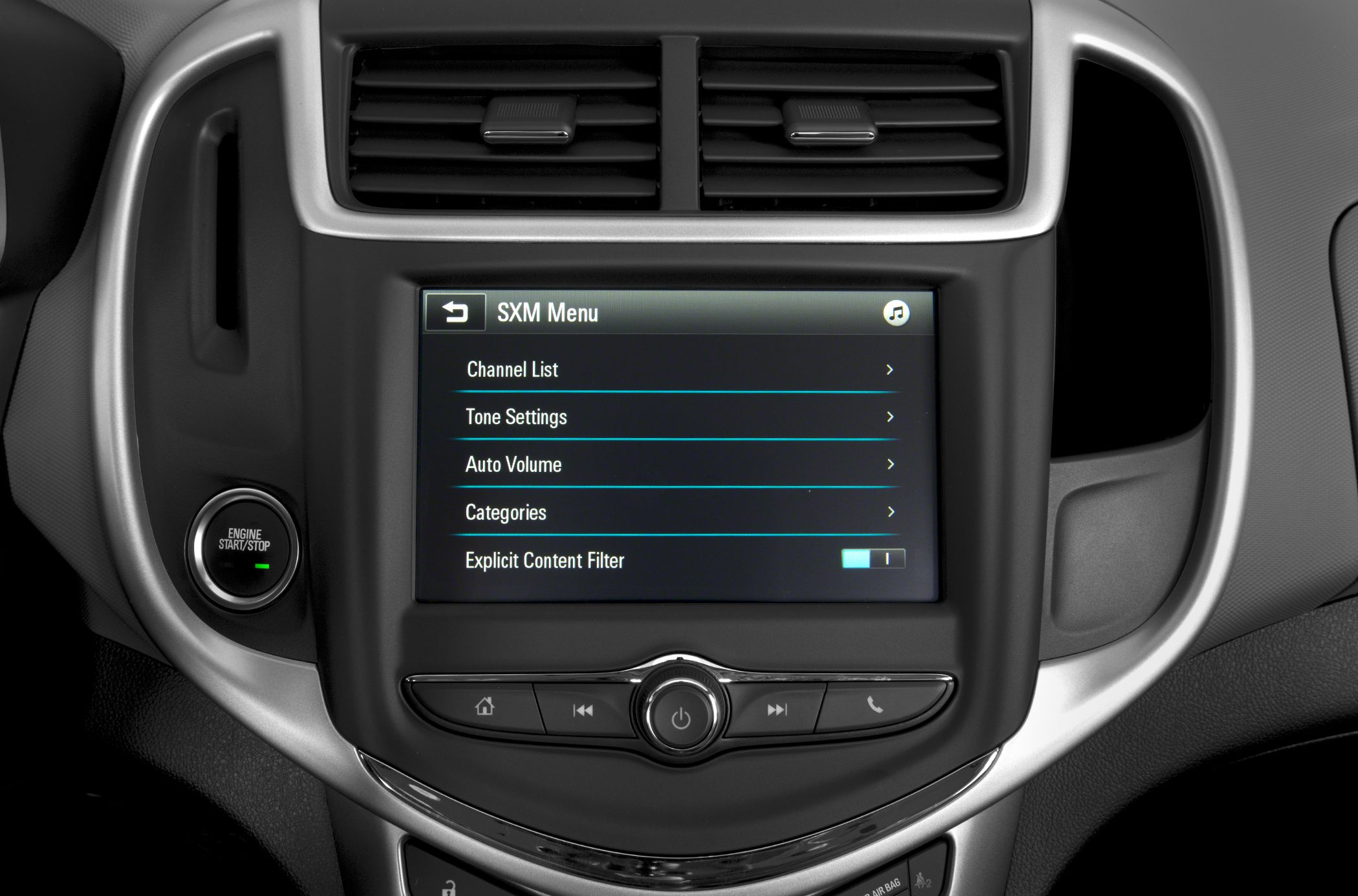 Center console with touchscreen and engine start/stop button