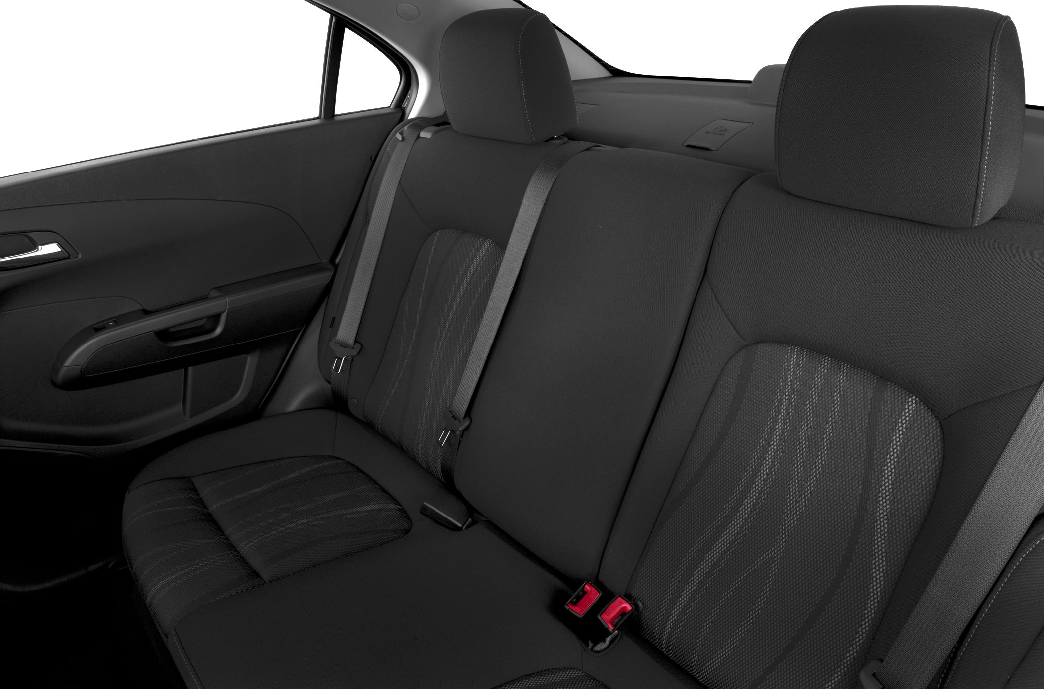 Rear seat interior with black fabric upholstery and seatbelts