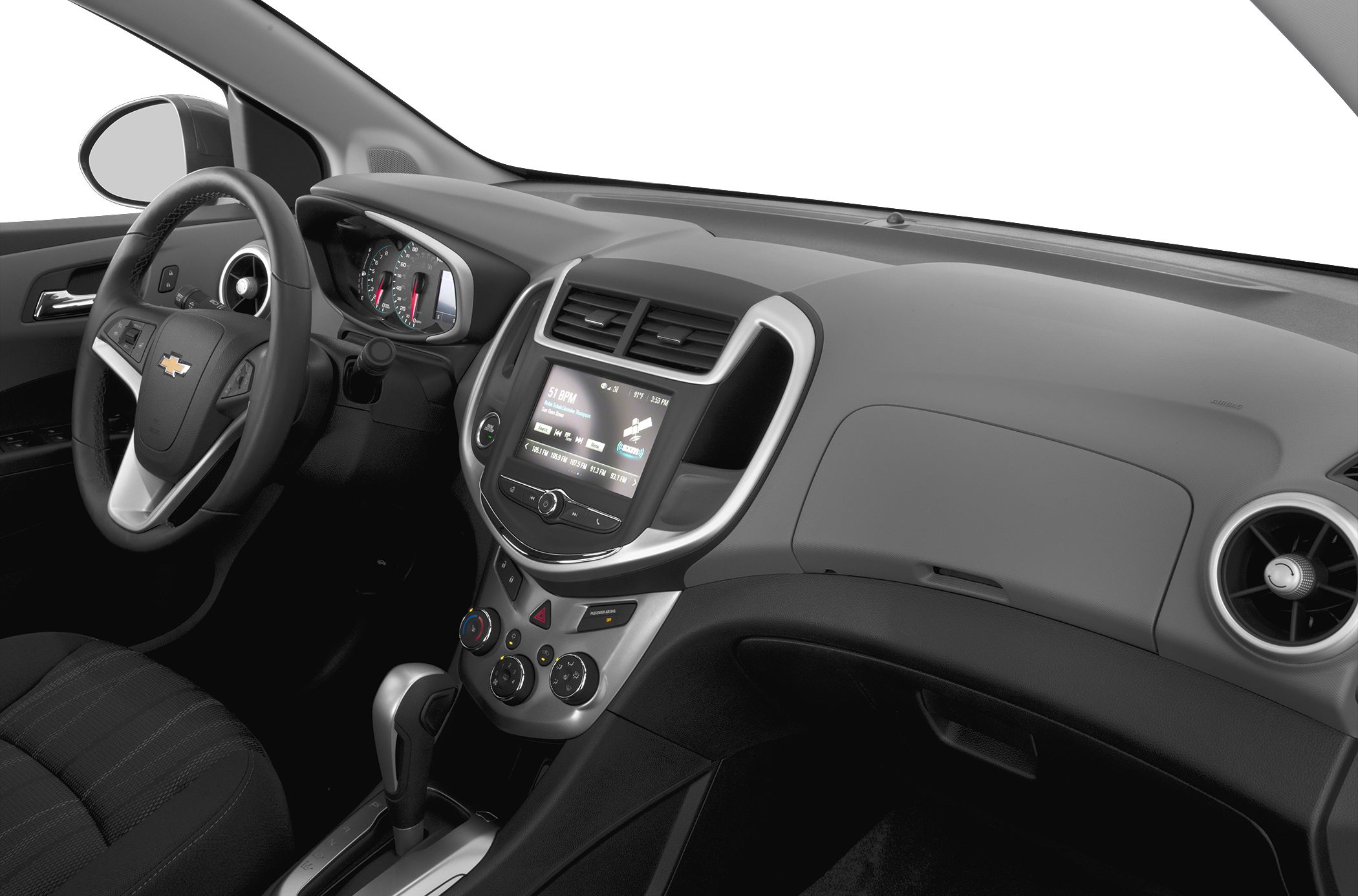 Modern dashboard and infotainment system with climate controls and steering wheel