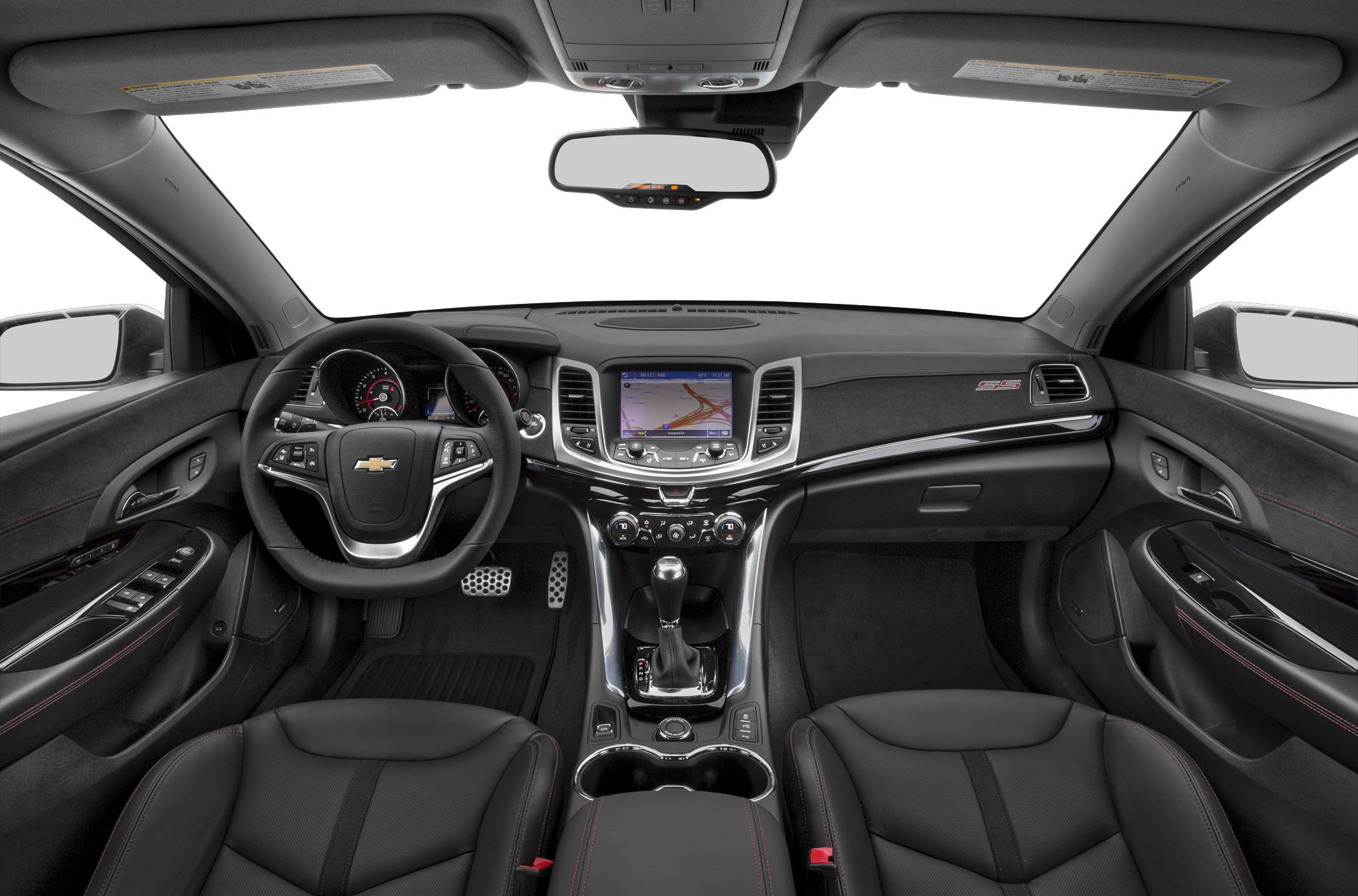 Sporty dashboard and steering wheel with infotainment screen and leather seats.