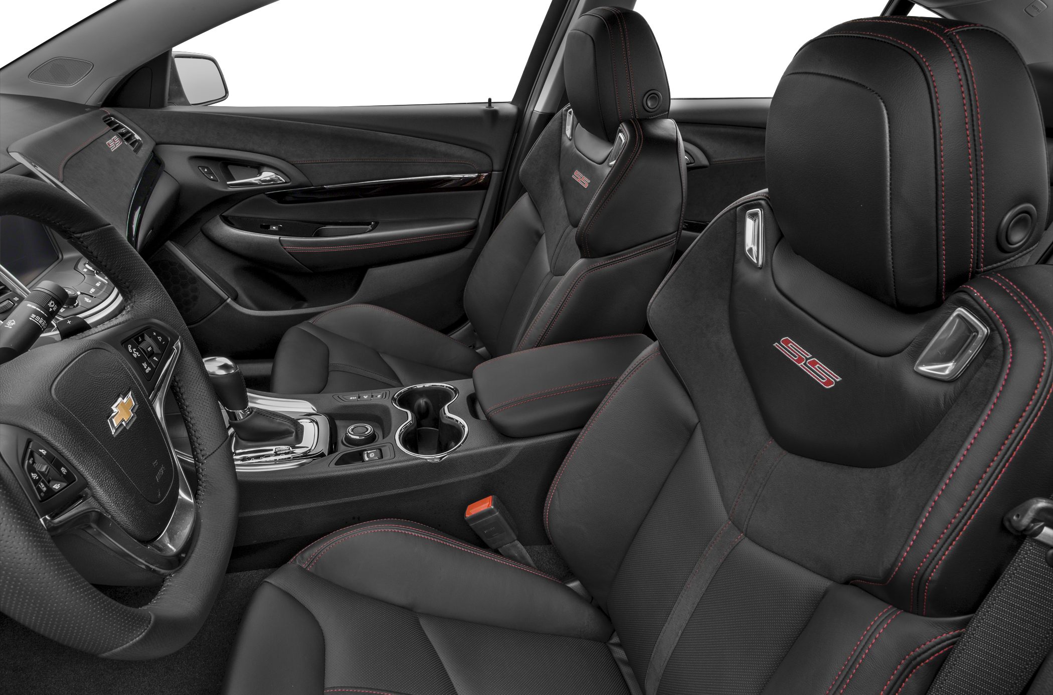 Sport seats with SS logo and red stitching inside car interior.