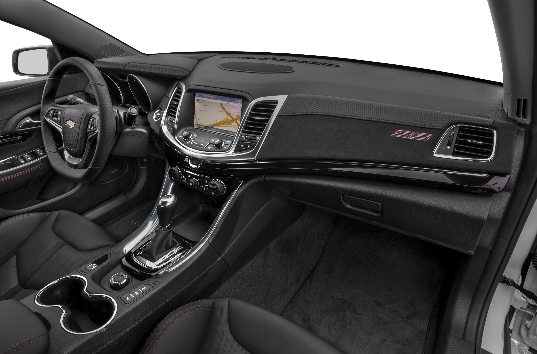 Sporty car interior with infotainment screen and leather seats