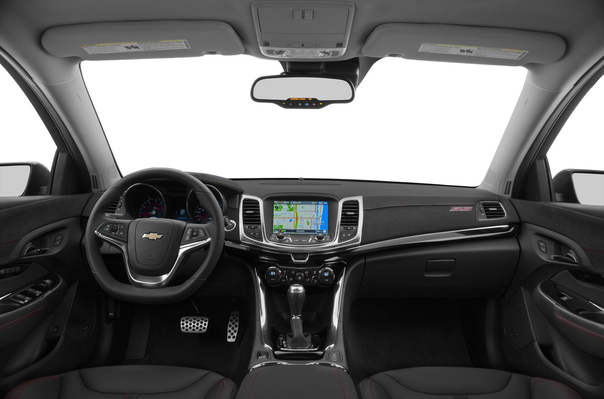 Driver-focused dashboard with touchscreen and sporty steering wheel.