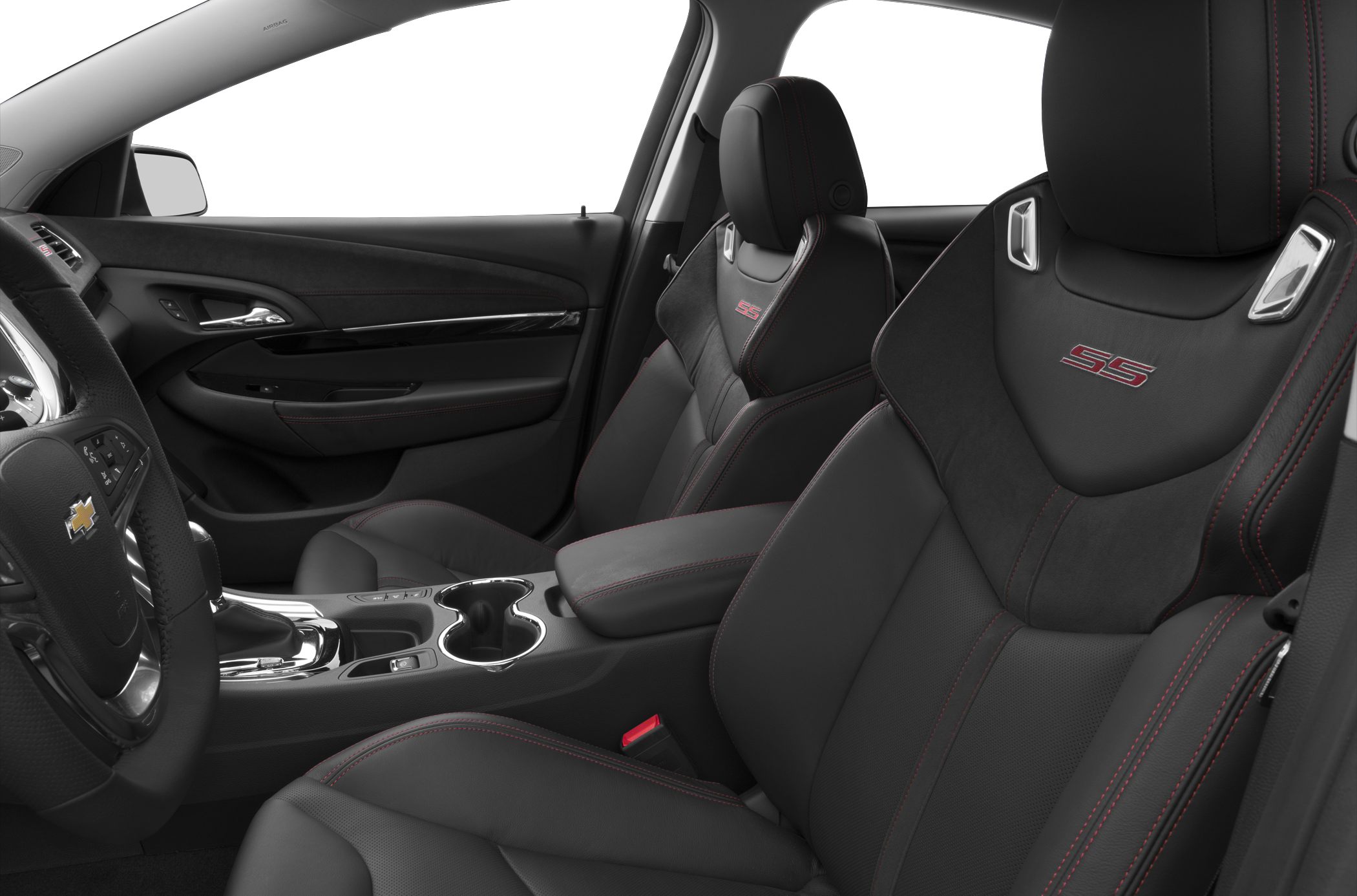 Sporty black leather seats with red stitching and SS embroidery.