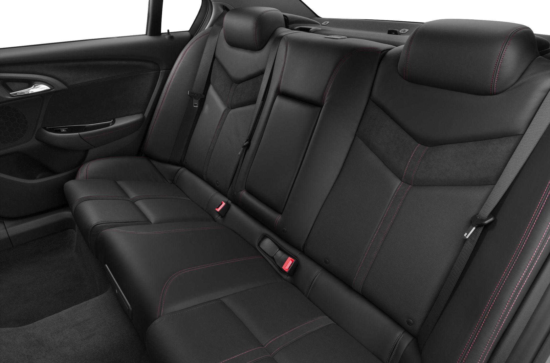 Rear black leather seats with red stitching and seat belts