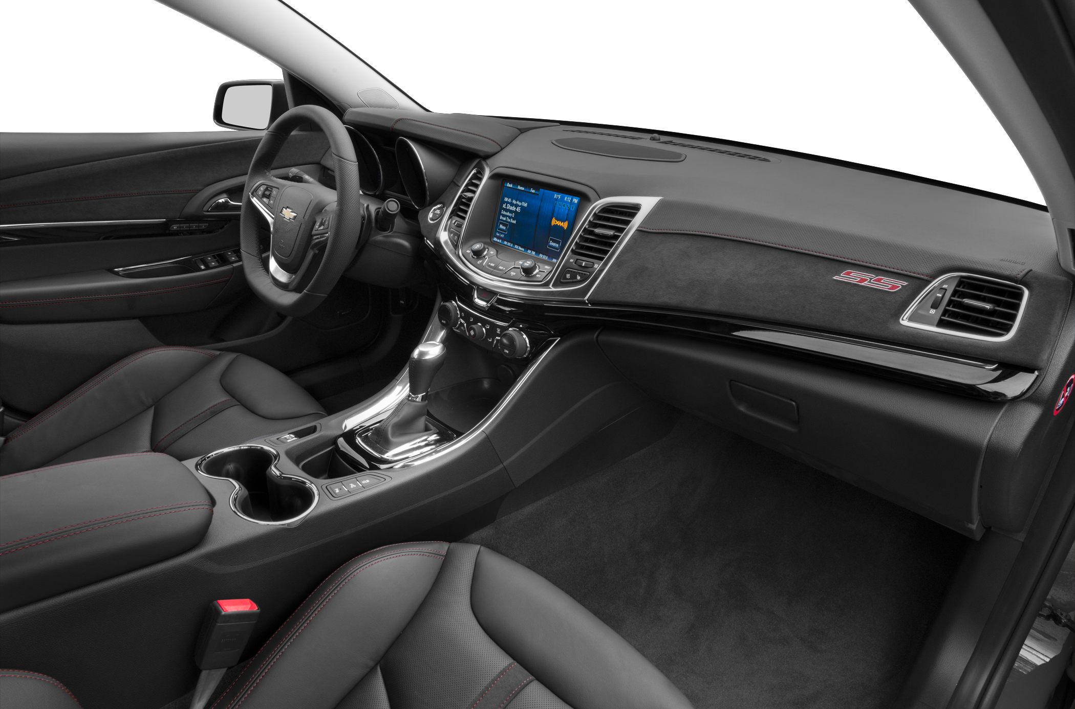 Modern car interior with dashboard, touchscreen, center console, and leather seats