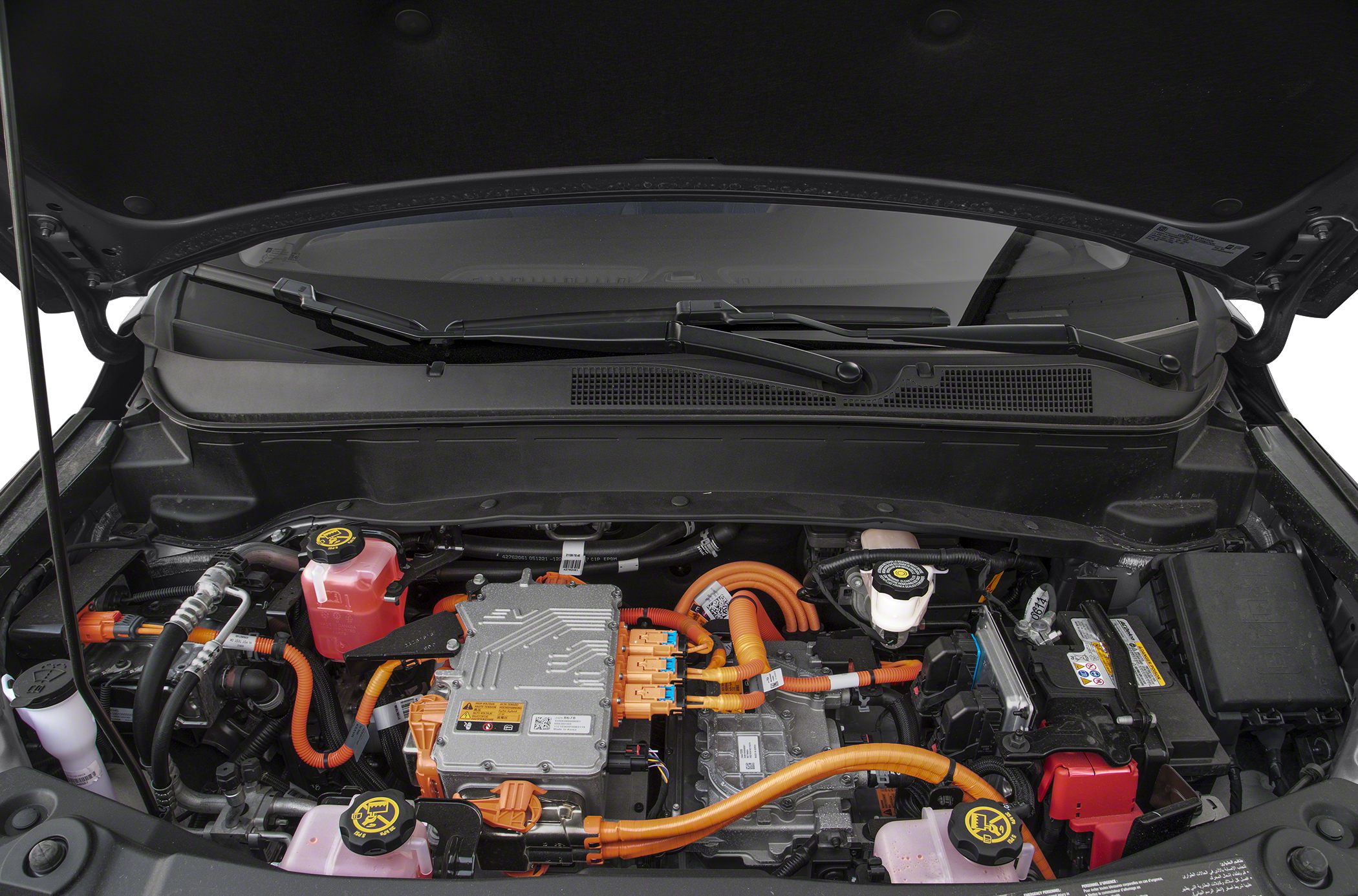 Electric powertrain with orange high-voltage wiring and fluid reservoirs