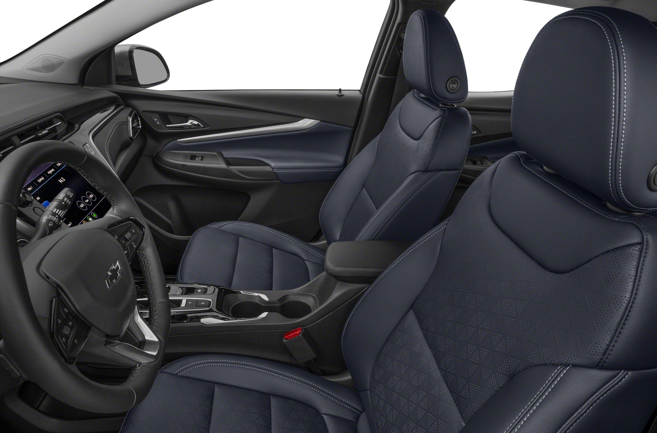 Front seats and dashboard view with steering wheel and center console