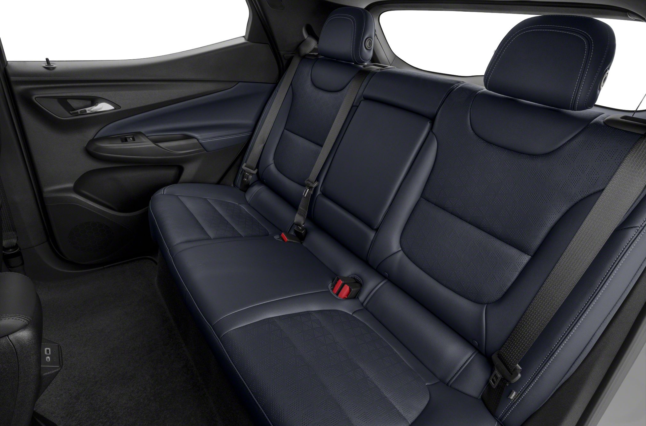 Rear seat interior with premium dark upholstery and headrests.