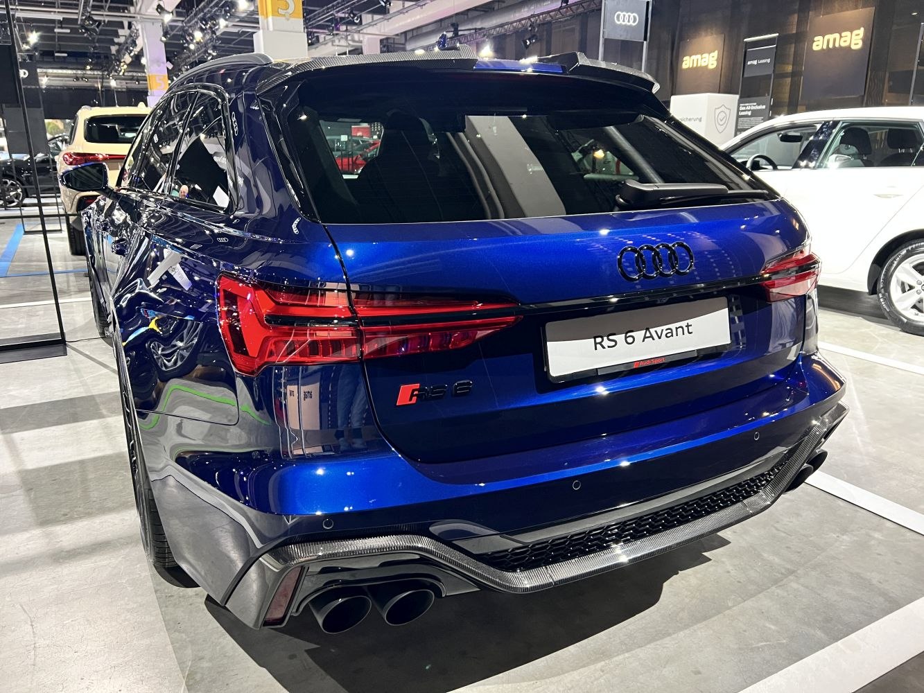 Rear view of sporty wagon with quad exhaust and distinctive LED taillights