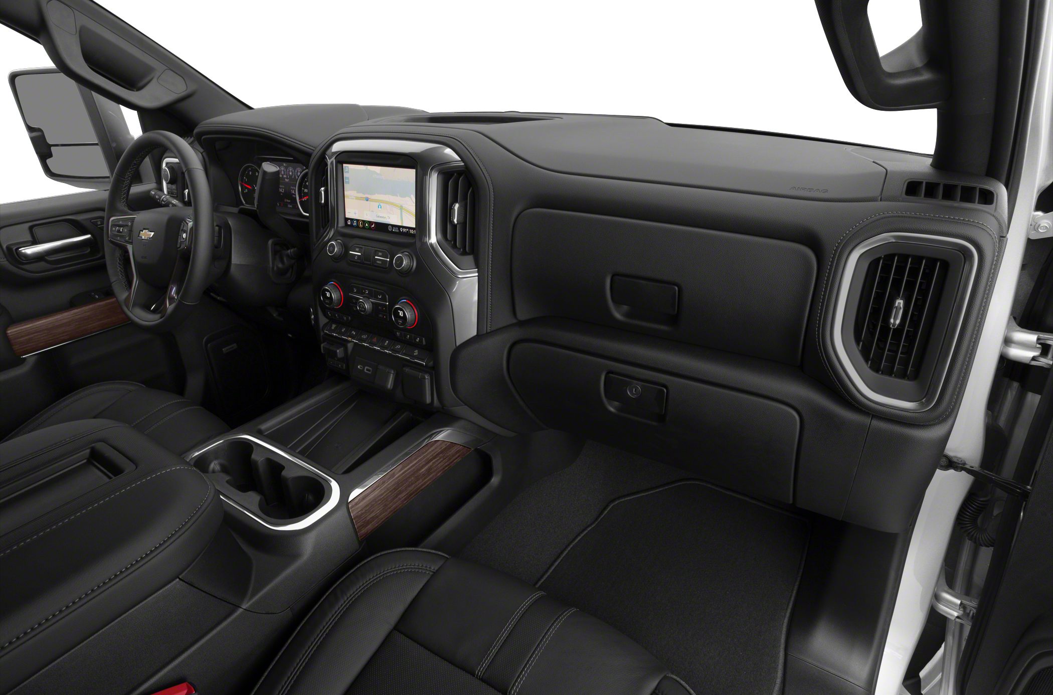 Truck dashboard with touchscreen infotainment and center console features