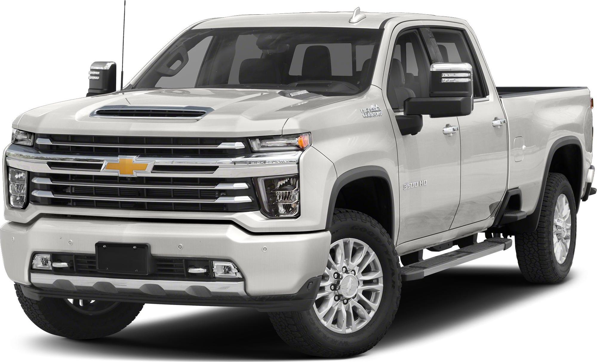 Front view of double cab long bed heavy-duty pickup truck