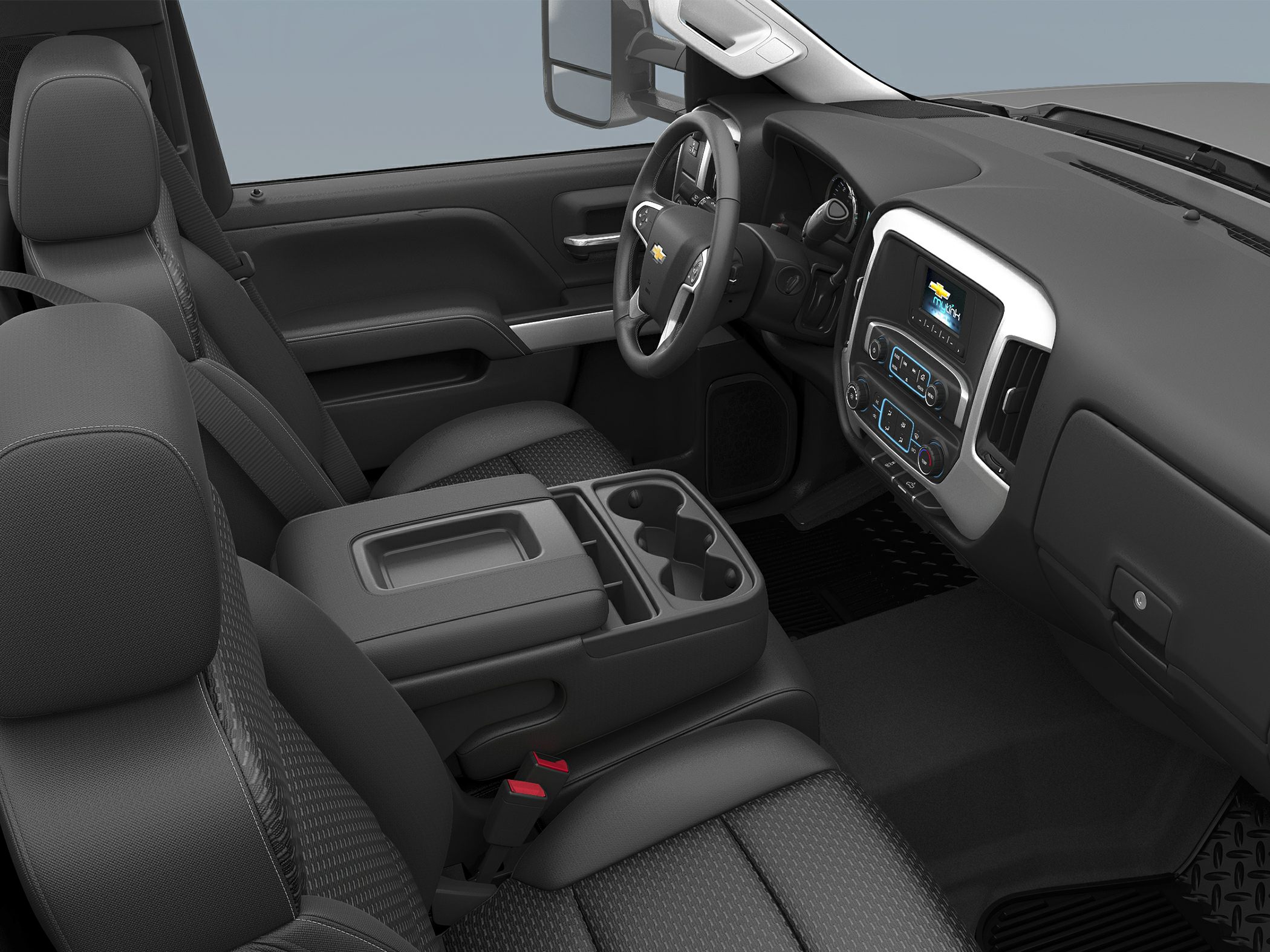 Dashboard, steering wheel, and front seats with center console