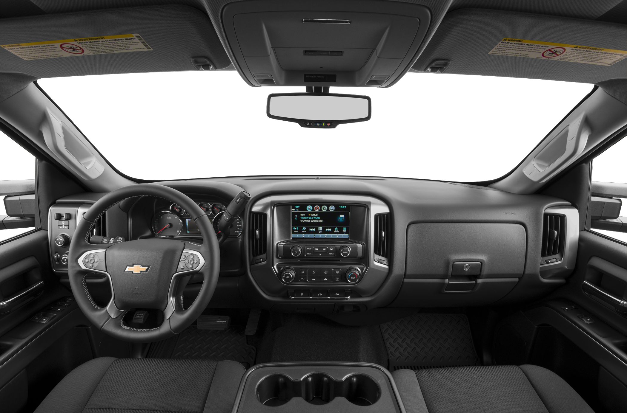 Dashboard and steering wheel with center console and infotainment screen