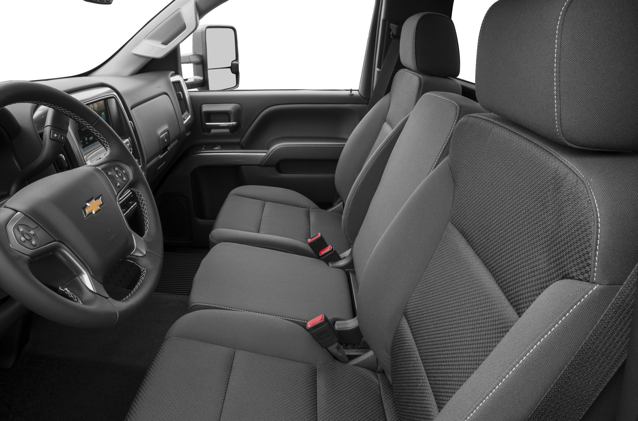 Front interior seats and dashboard with steering wheel.