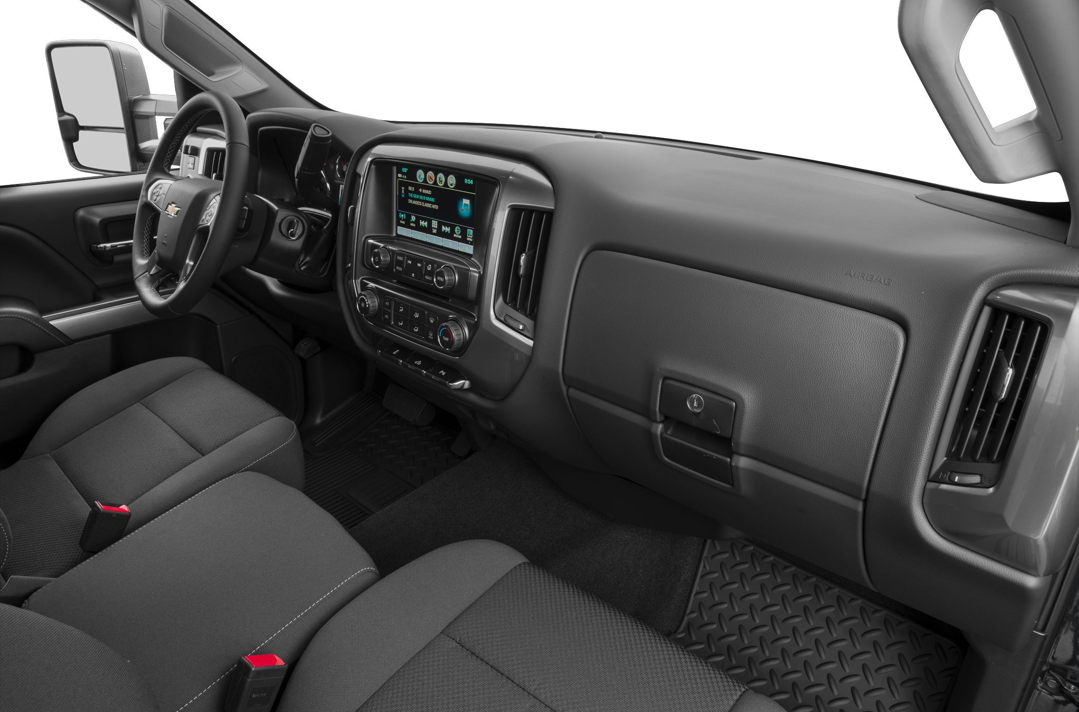 Dashboard, center console, steering wheel, and front seats of a truck interior