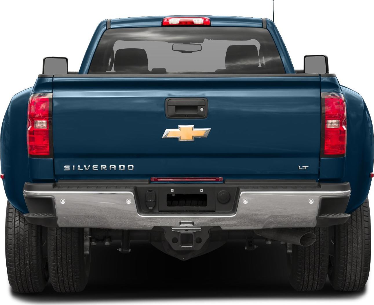 Heavy duty truck rear with dual rear wheels and chrome bumper