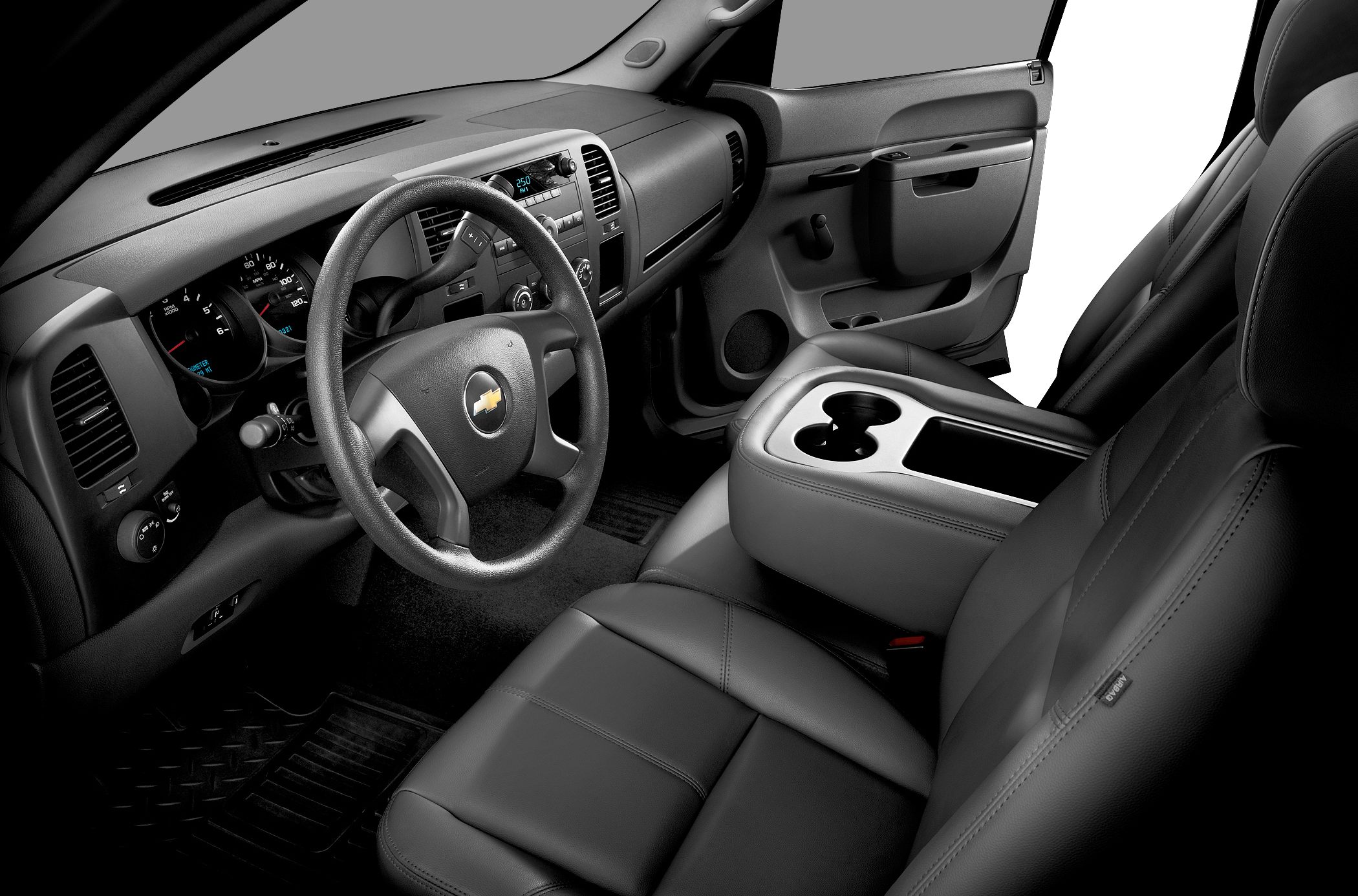 Steering wheel, dashboard, front seats, center console