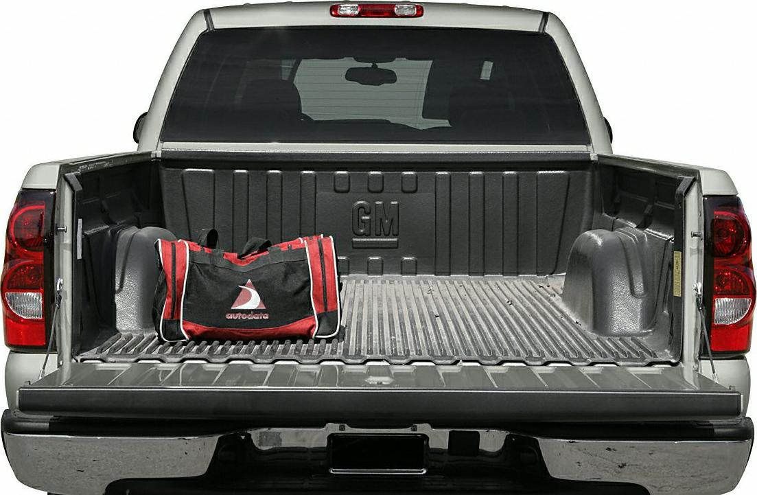Open truck bed with tailgate, tool bag inside