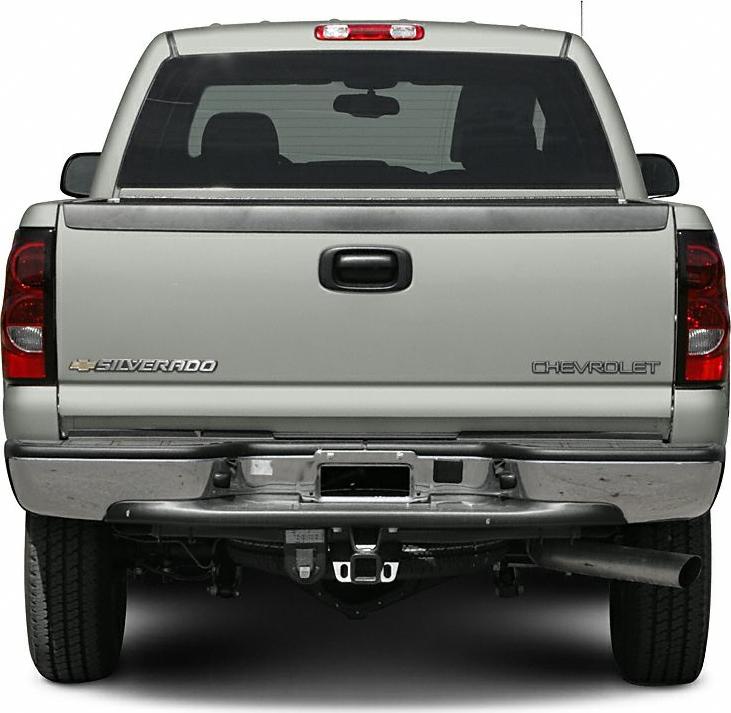 Rear view of pickup truck tailgate with tow hitch and exhaust