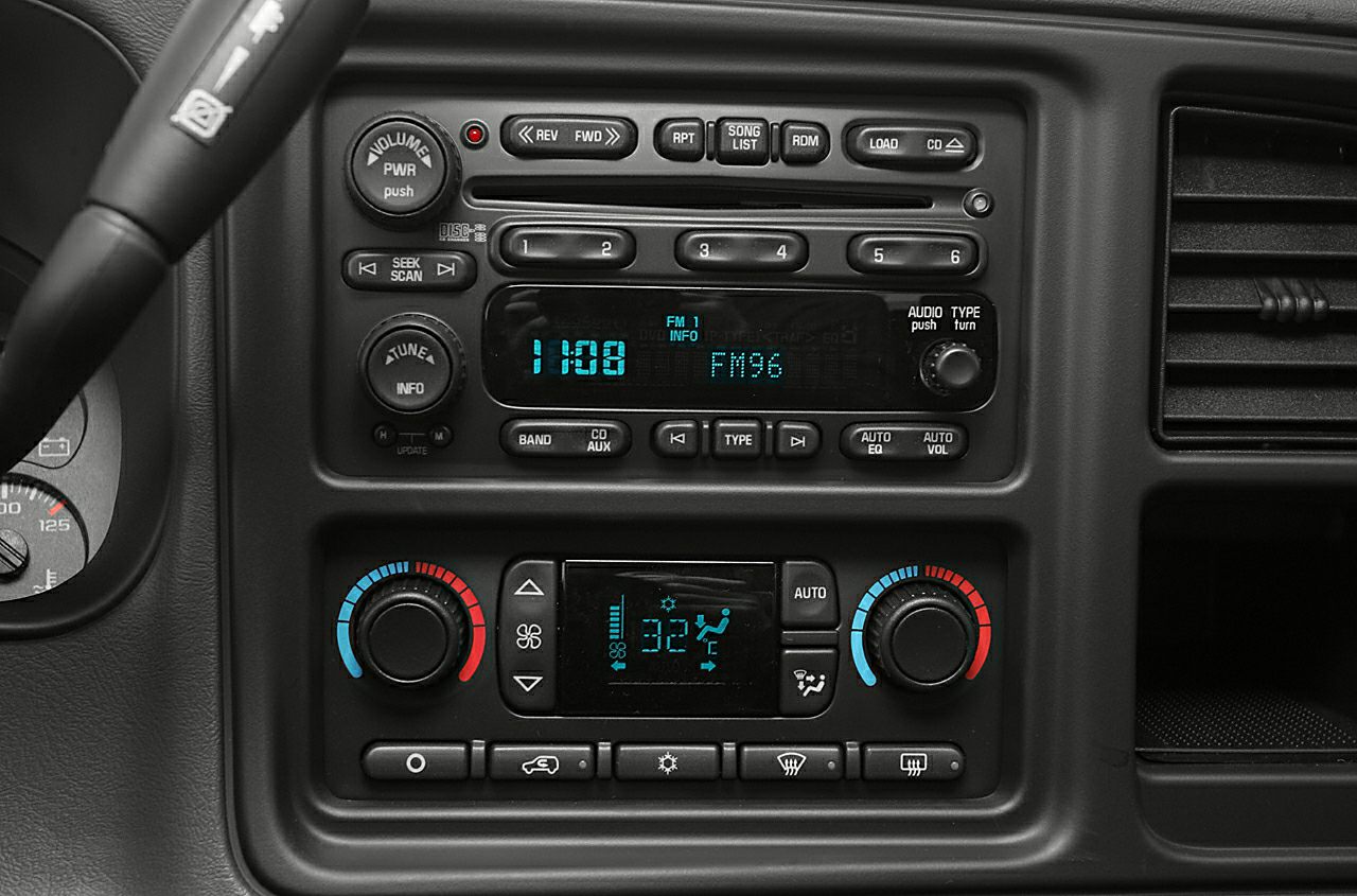 Radio and climate control panel with digital displays and rotary knobs