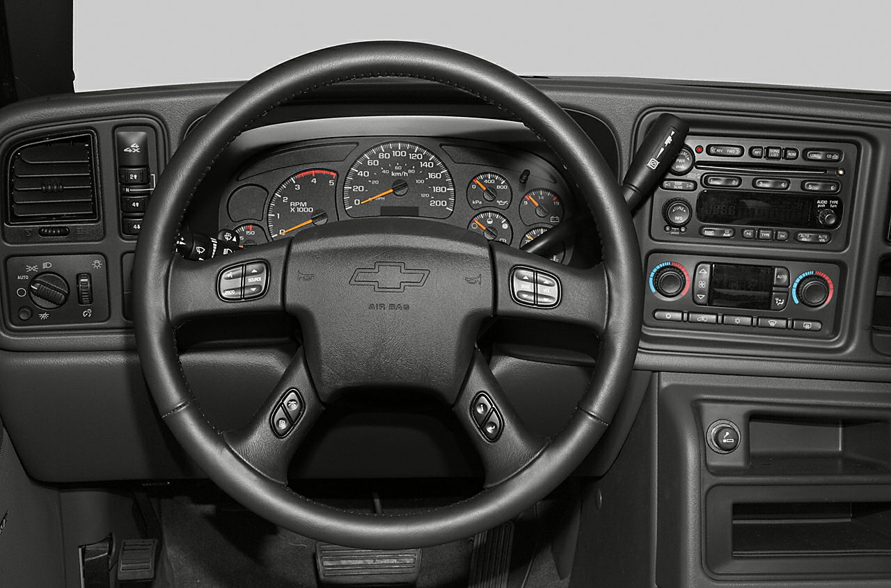 Steering wheel and dashboard with gauges and controls