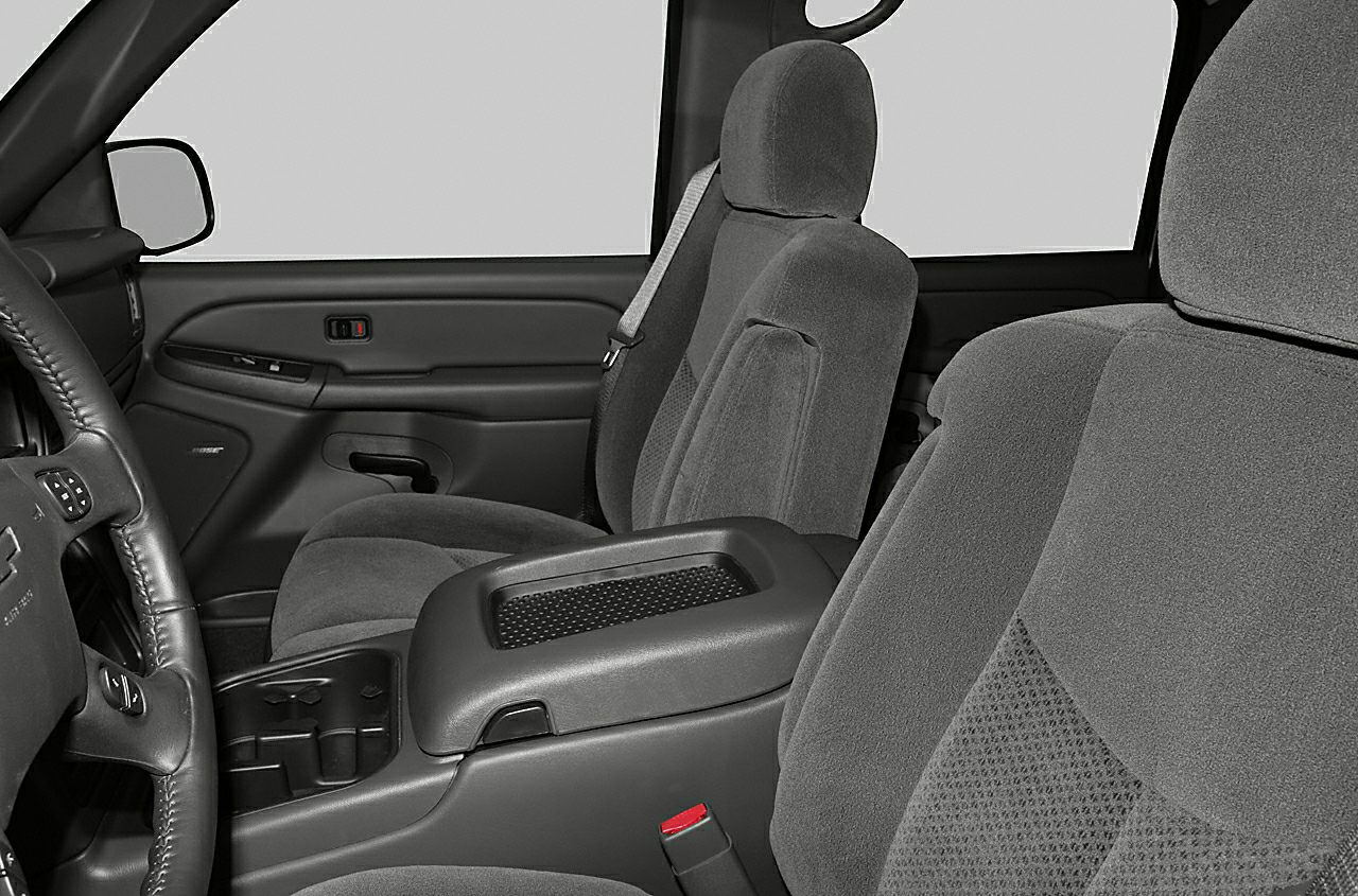 Fabric seats and center console of a truck interior