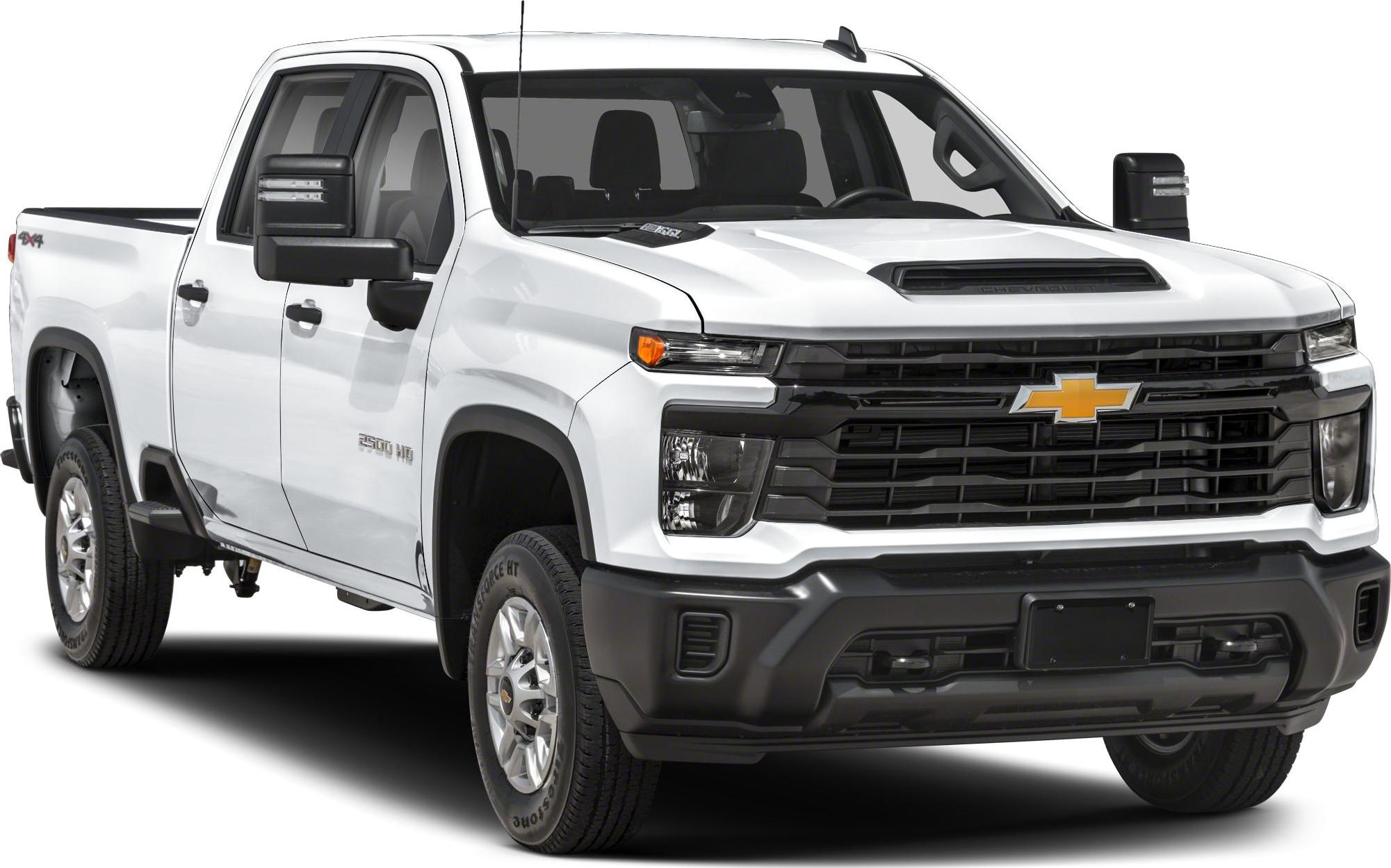 Heavy-duty pickup with crew cab and long bed in white, featuring robust grille and modern design elements