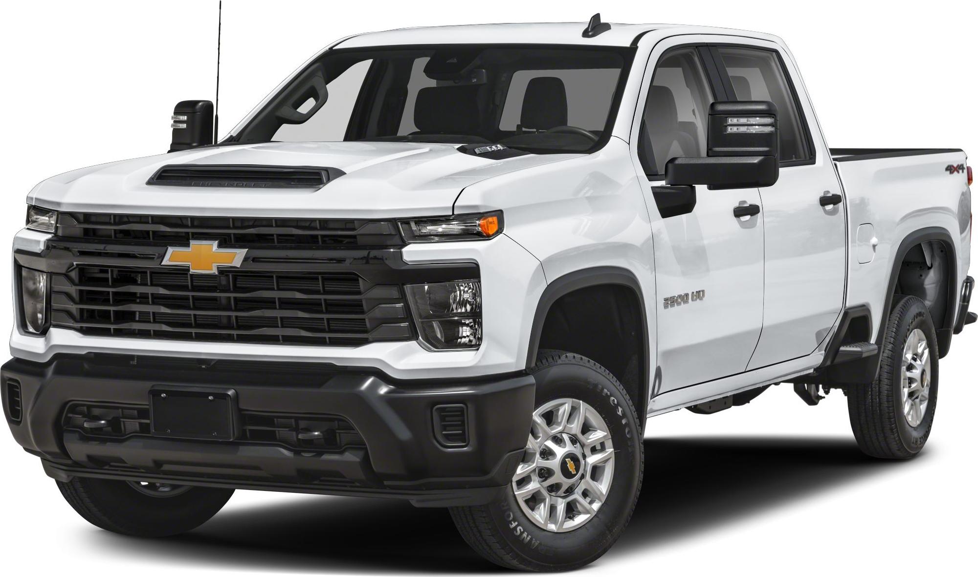 Front view of a heavy-duty pickup with bold grille and hood scoop