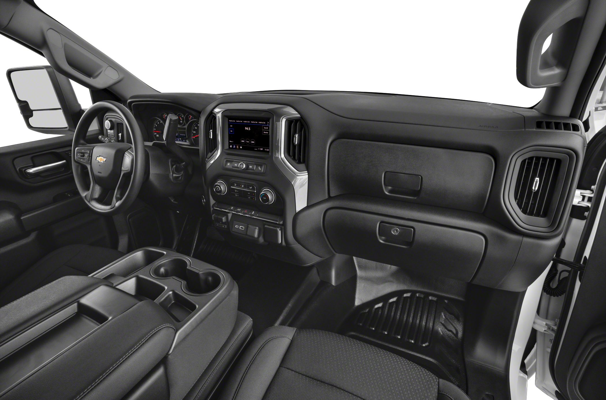 Pickup truck interior with dashboard, steering wheel, and center console