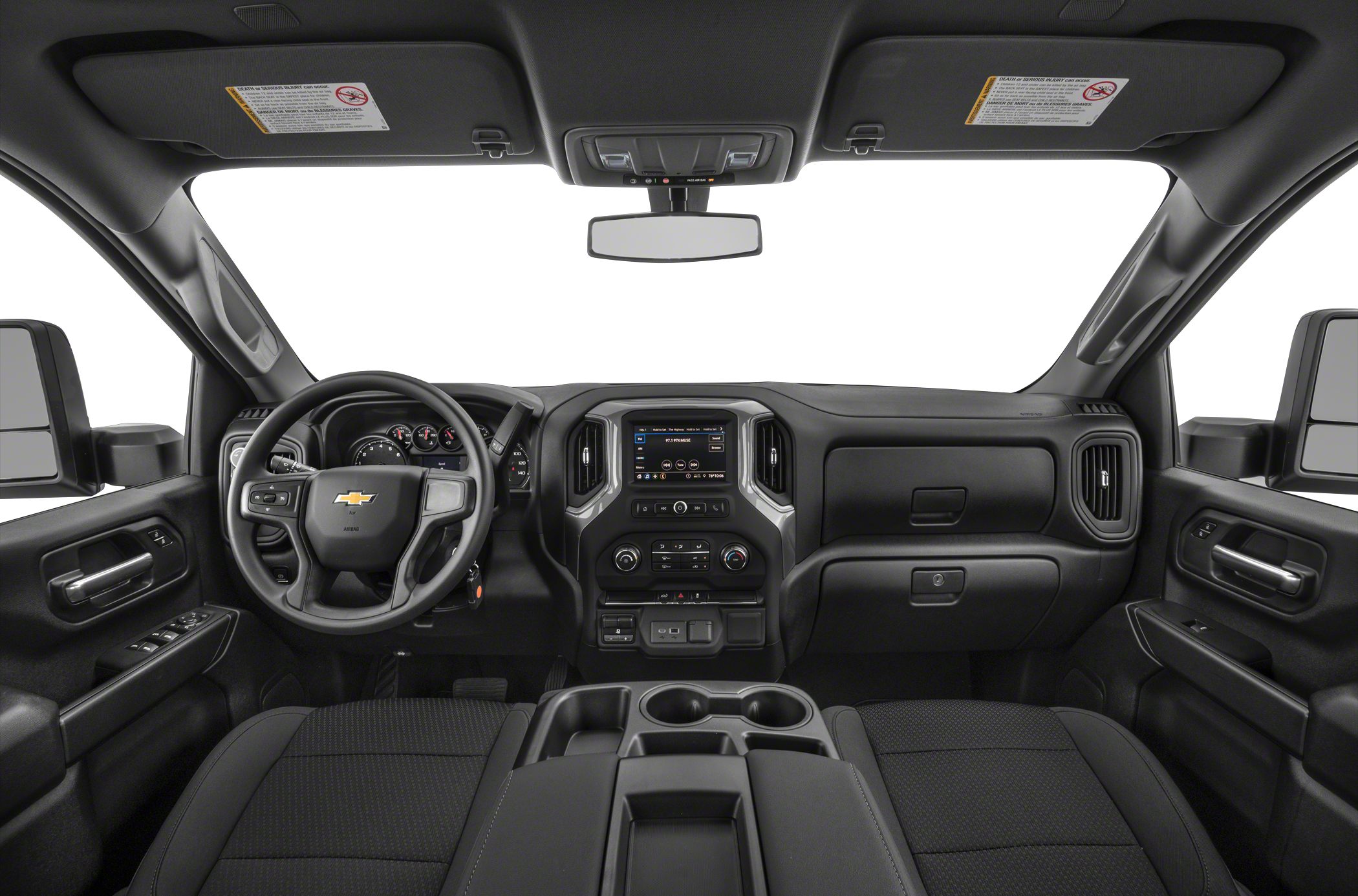Front interior view with dashboard, steering wheel, and center console.